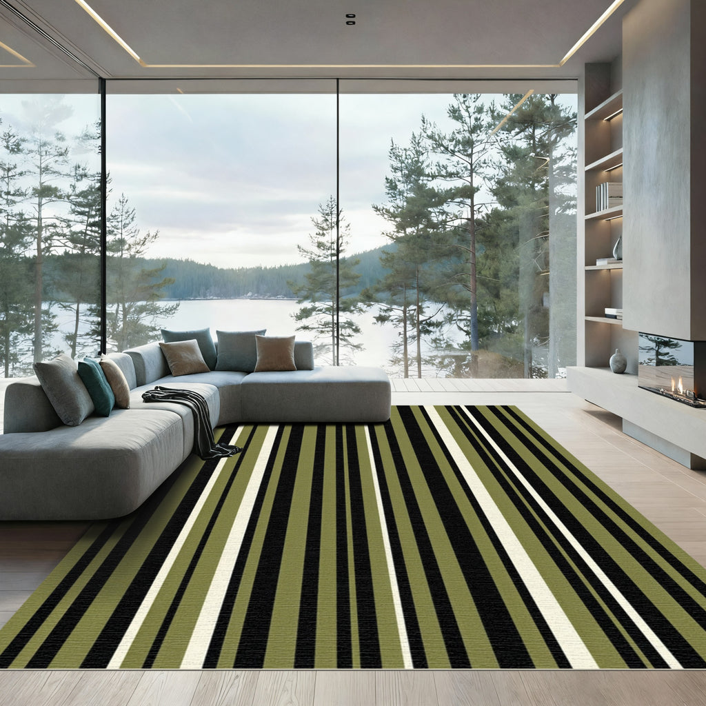 Olive Green and Black Vertical Stripes Rug