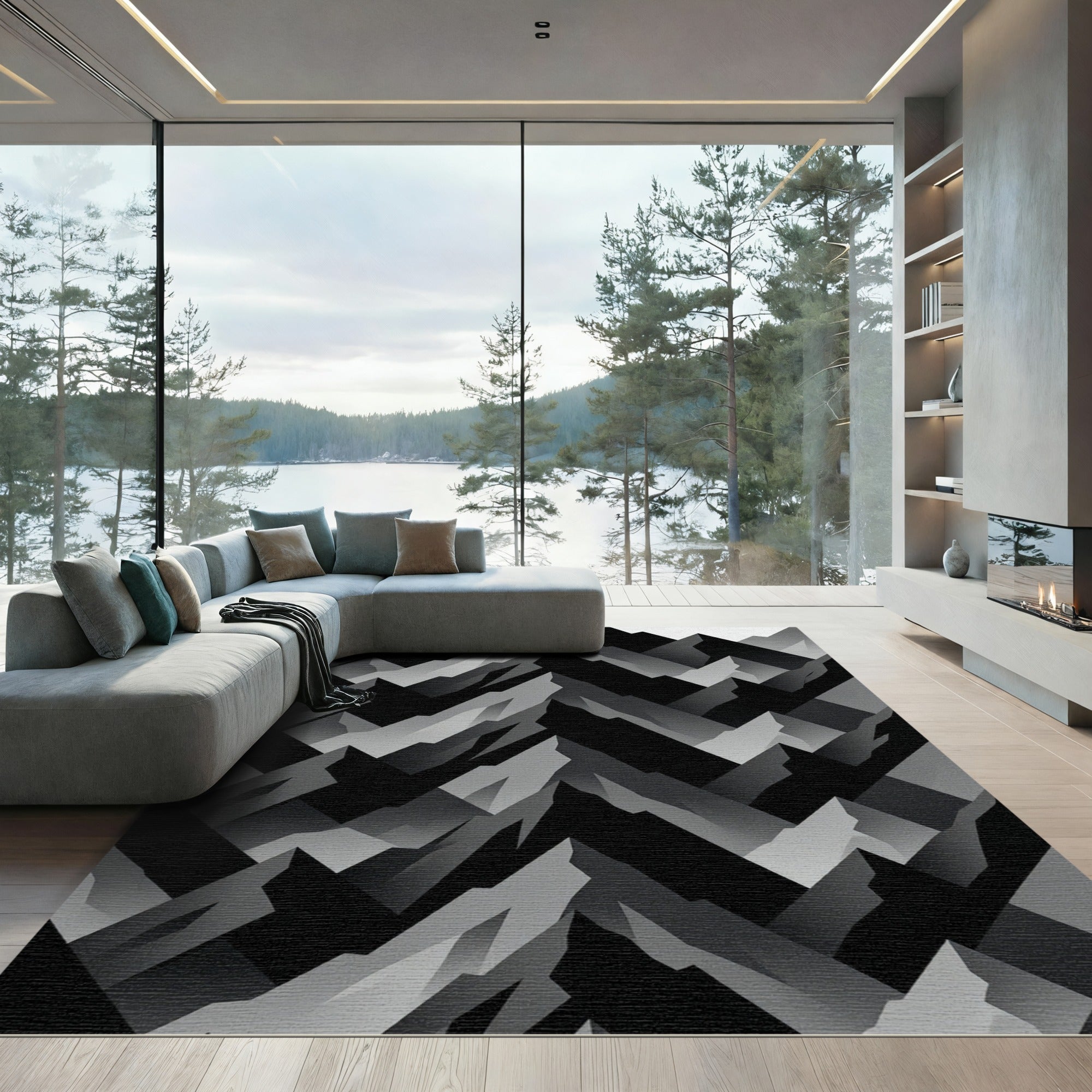 Monochrome Jagged Peaks Geometric Overlay Rug