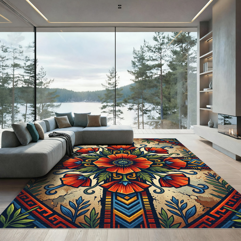 Vibrant Orange Poppy Floral Medallion Rug