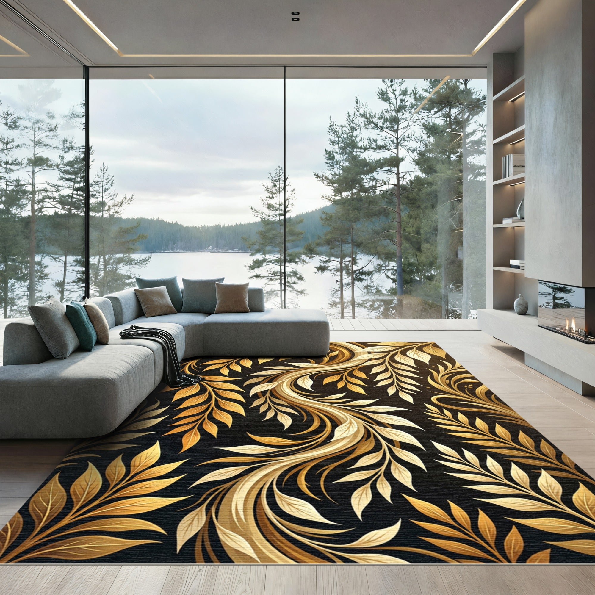 Elegant Golden Foliated Swirl Art Rug