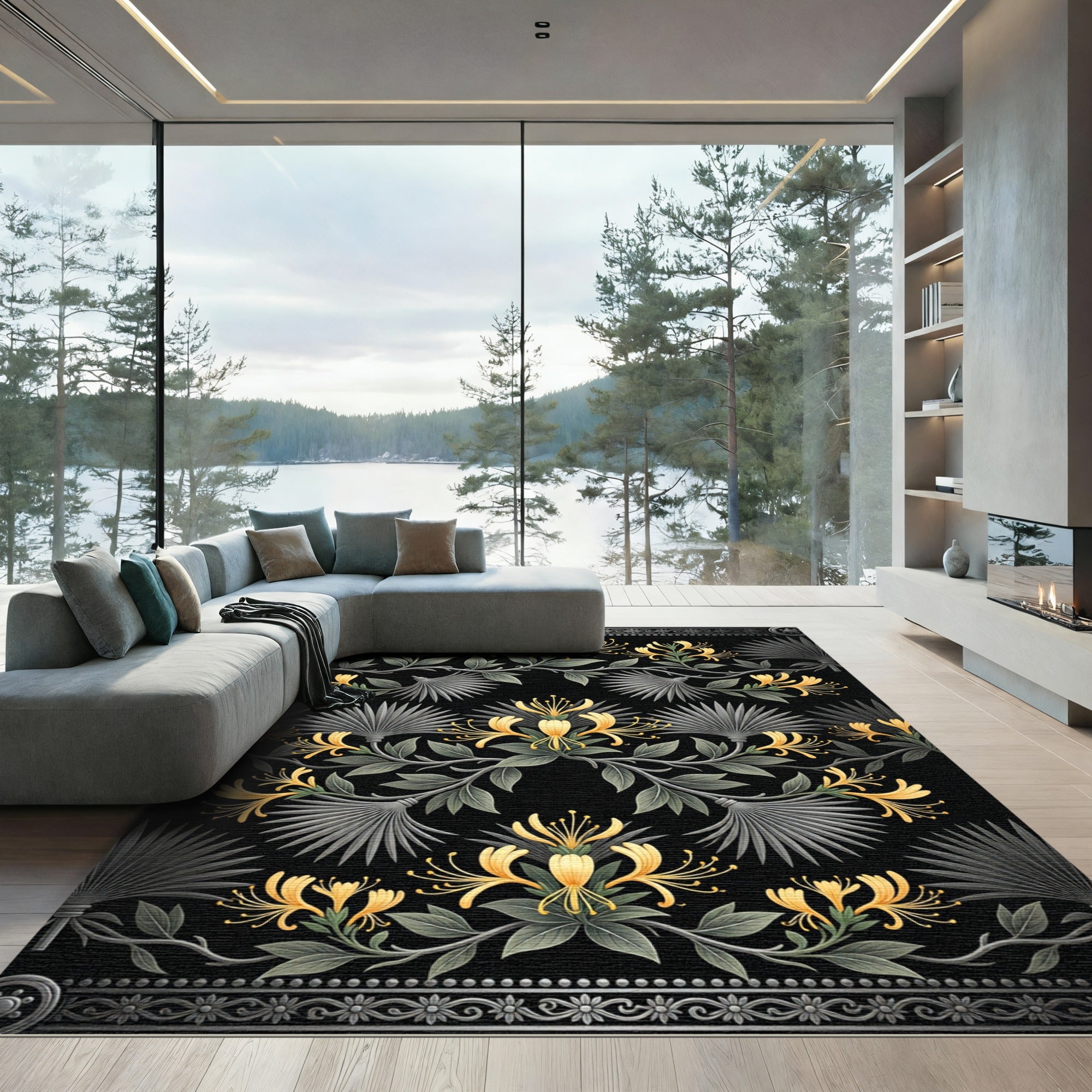 Black Golden Honeysuckle Floral Vine Rug