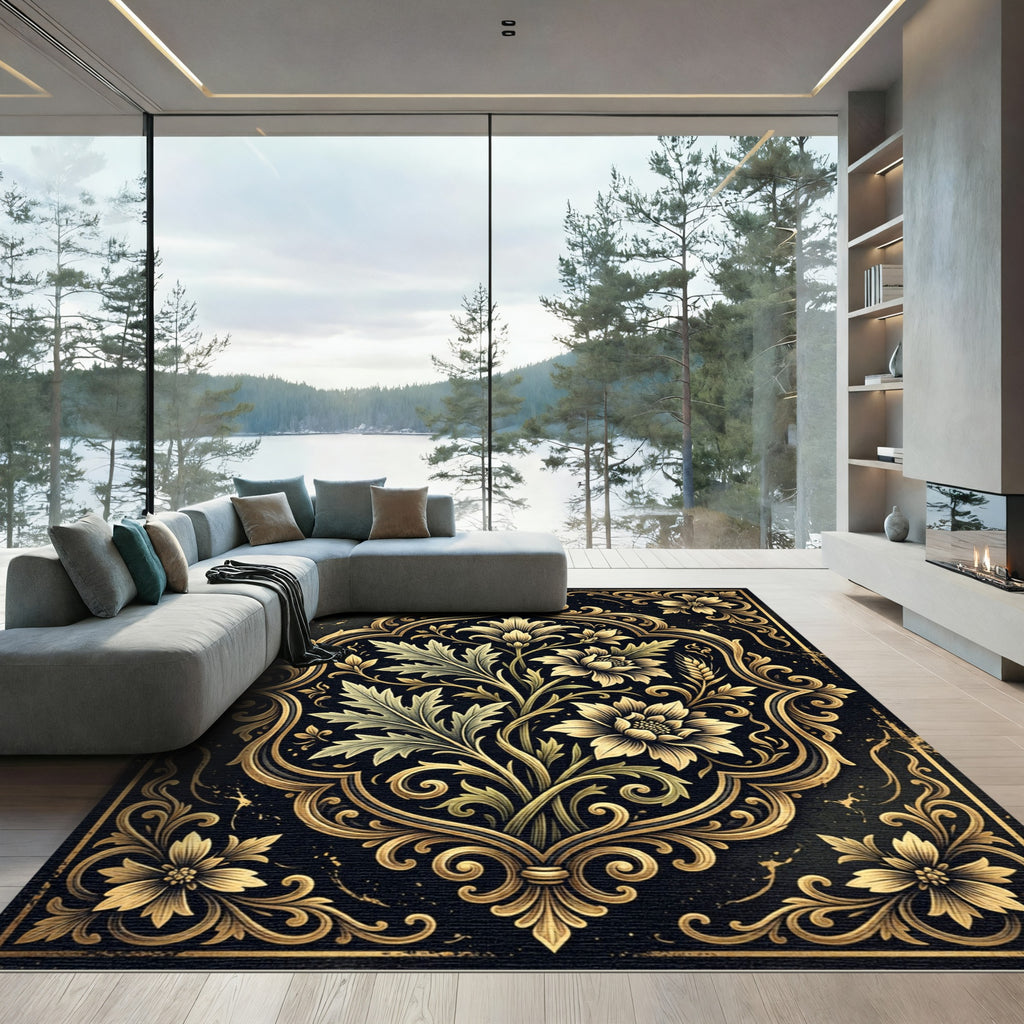 Ornate Gold Floral Black Damask Rug