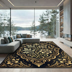 Ornate Gold Floral Black Damask Rug