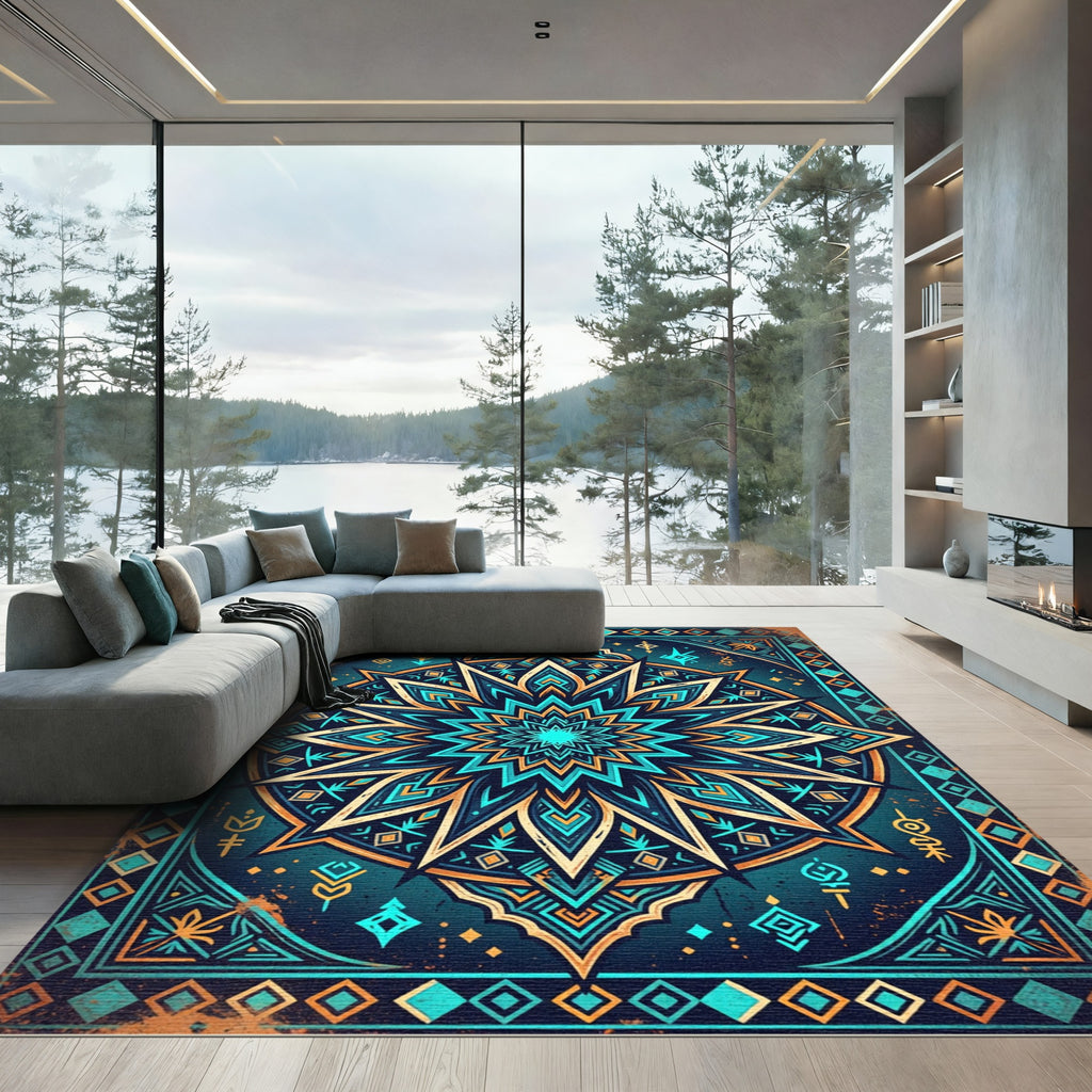 Celestial Blue Golden Geometric Mandalic Rug