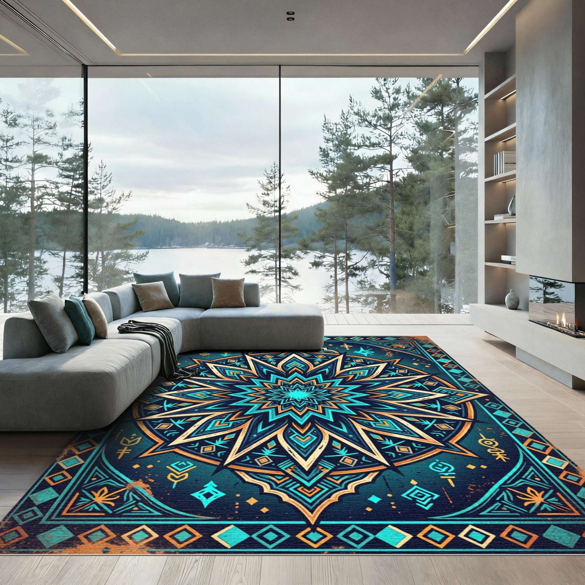 Celestial Blue Golden Geometric Mandalic Rug