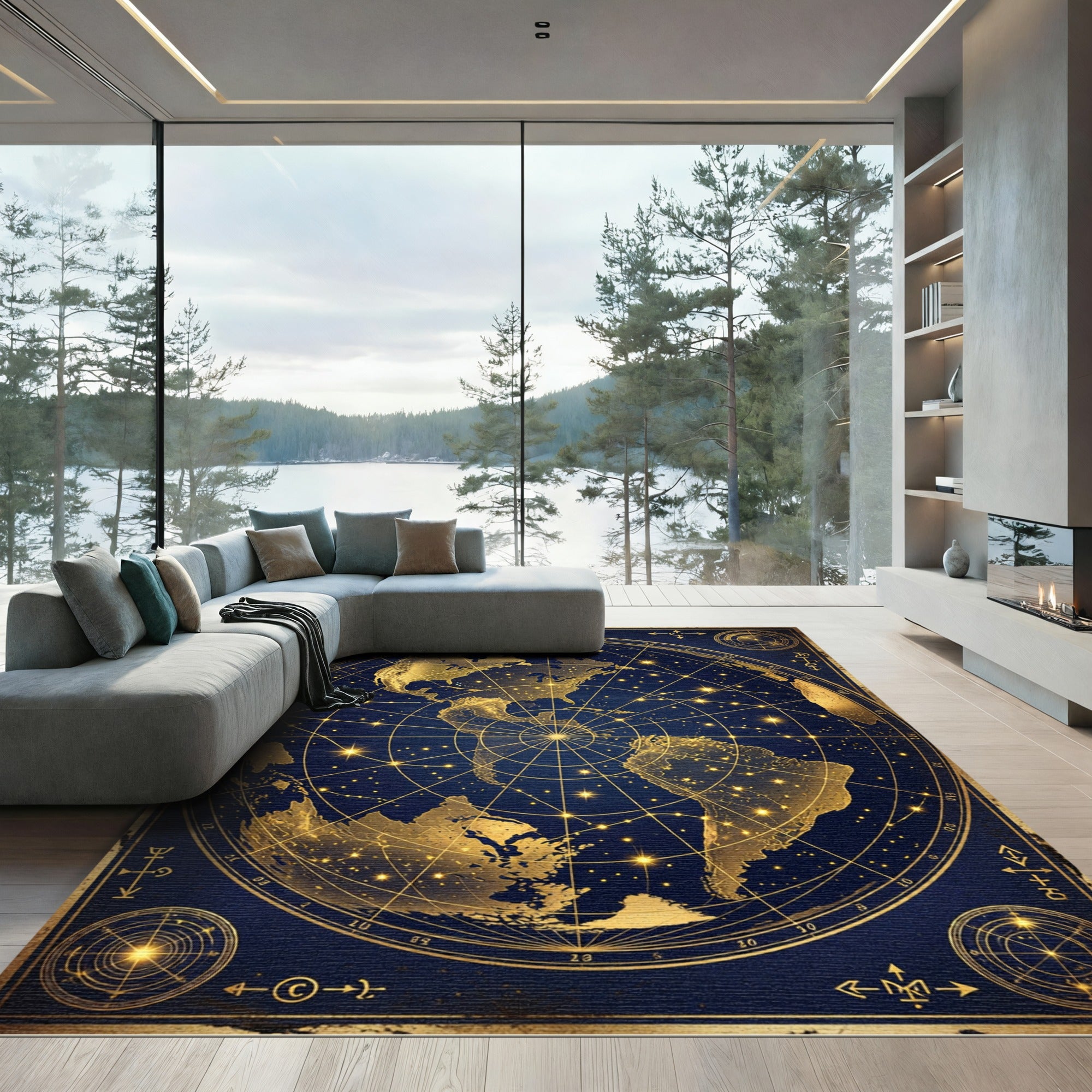 Celestial Gold World Map Globe Rug