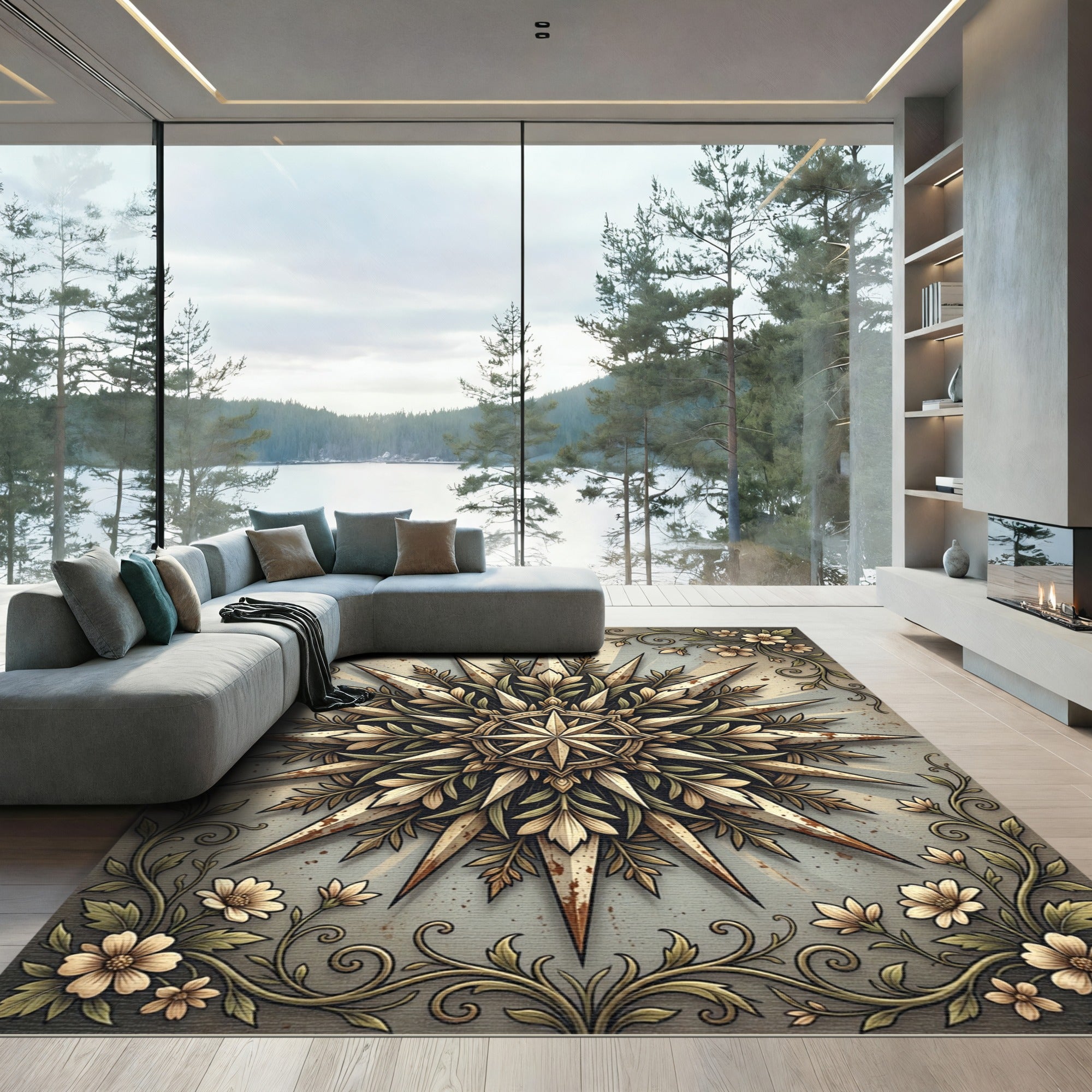 Earthy Floral Compass Medallion Rug