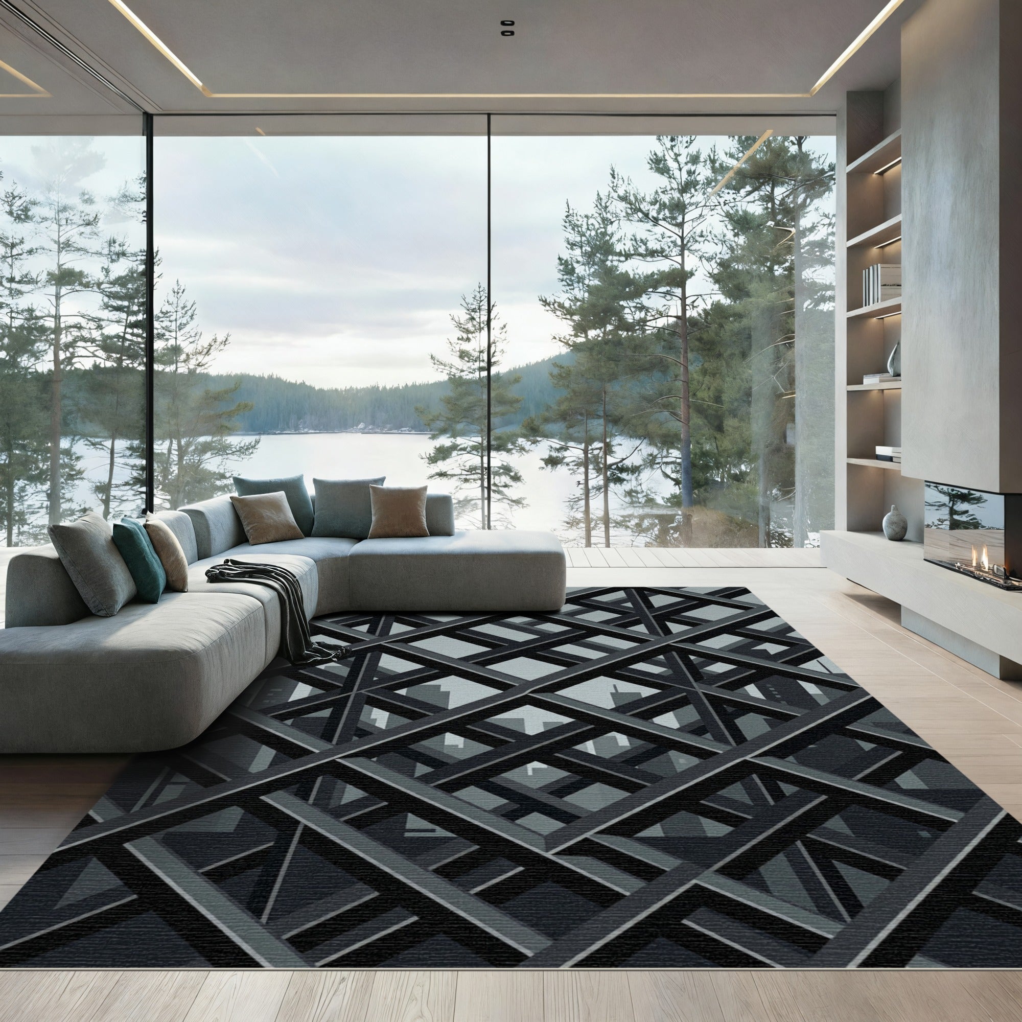 Modern Charcoal Architectural Grid Rug