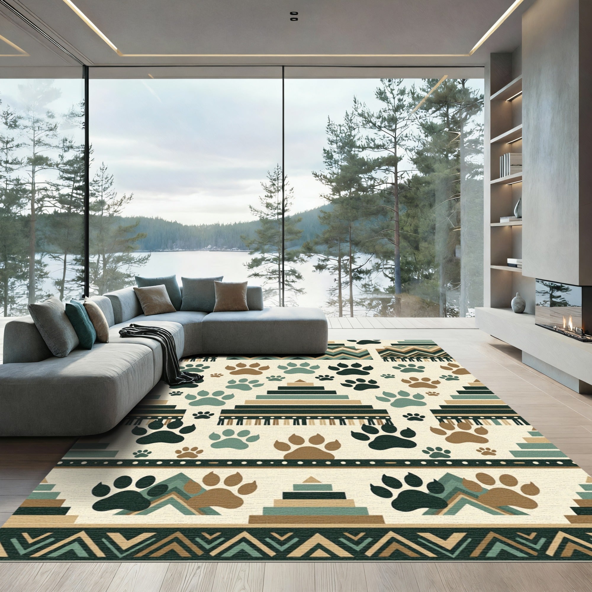 Earth Tone Geometric Paw Animal Rug