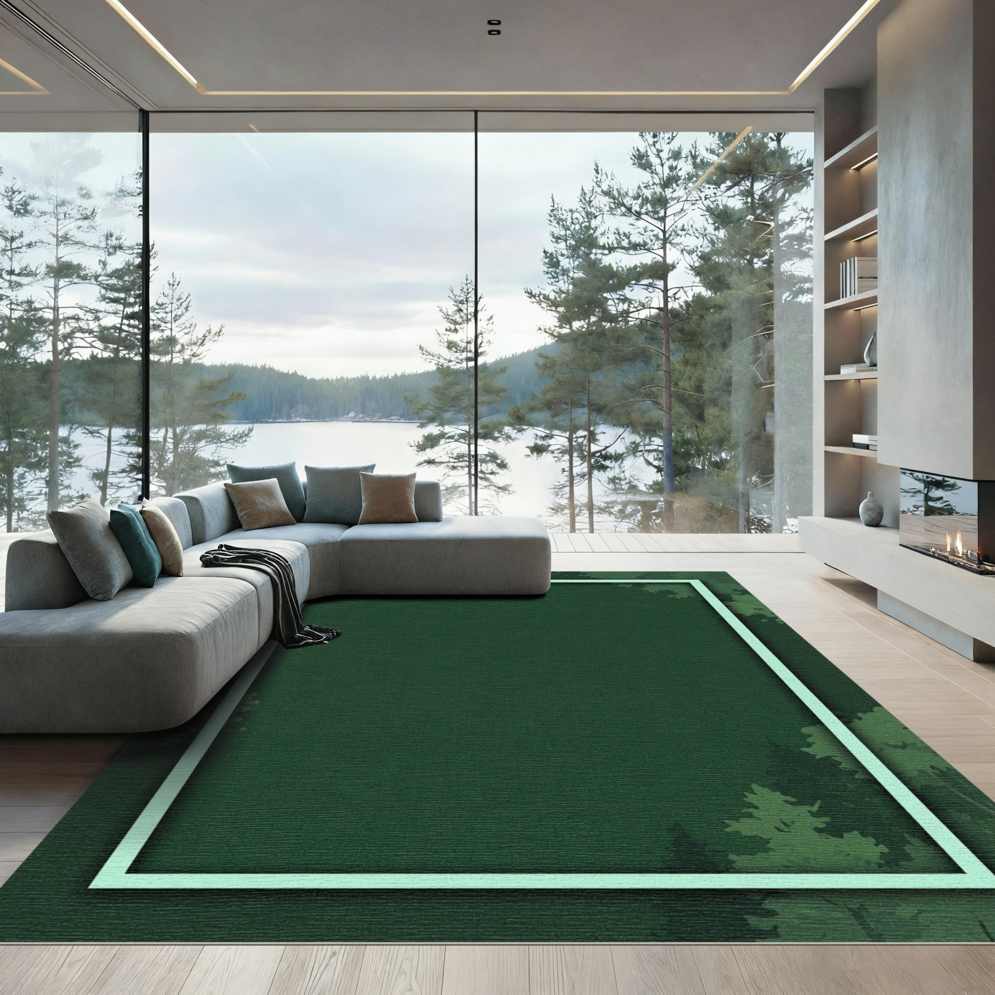 Earthy Forest Green Woodland Border Rug