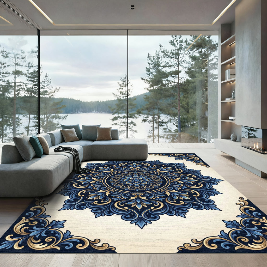 Intricate Blue Golden Floral Medallion Rug