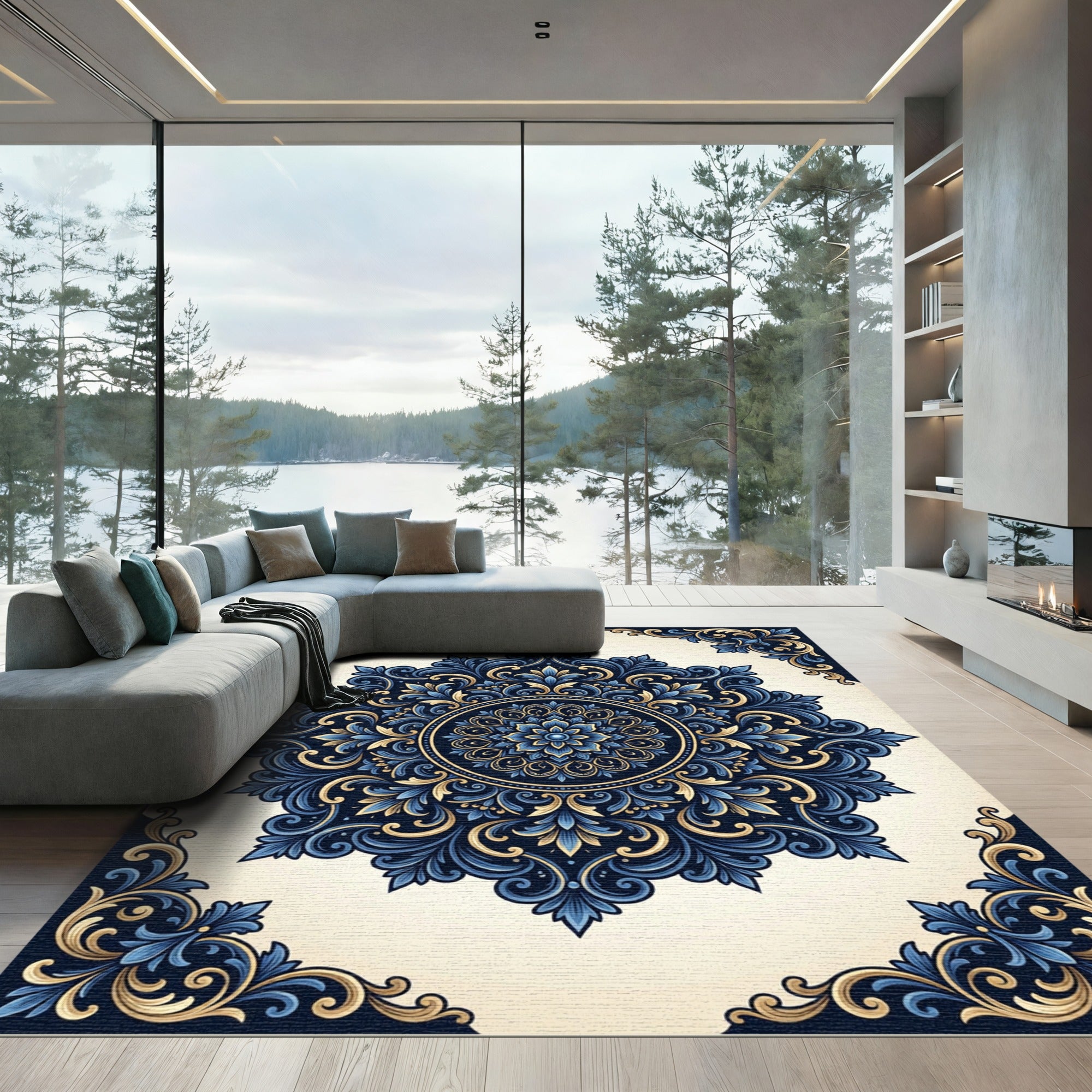 Intricate Blue Golden Floral Medallion Rug