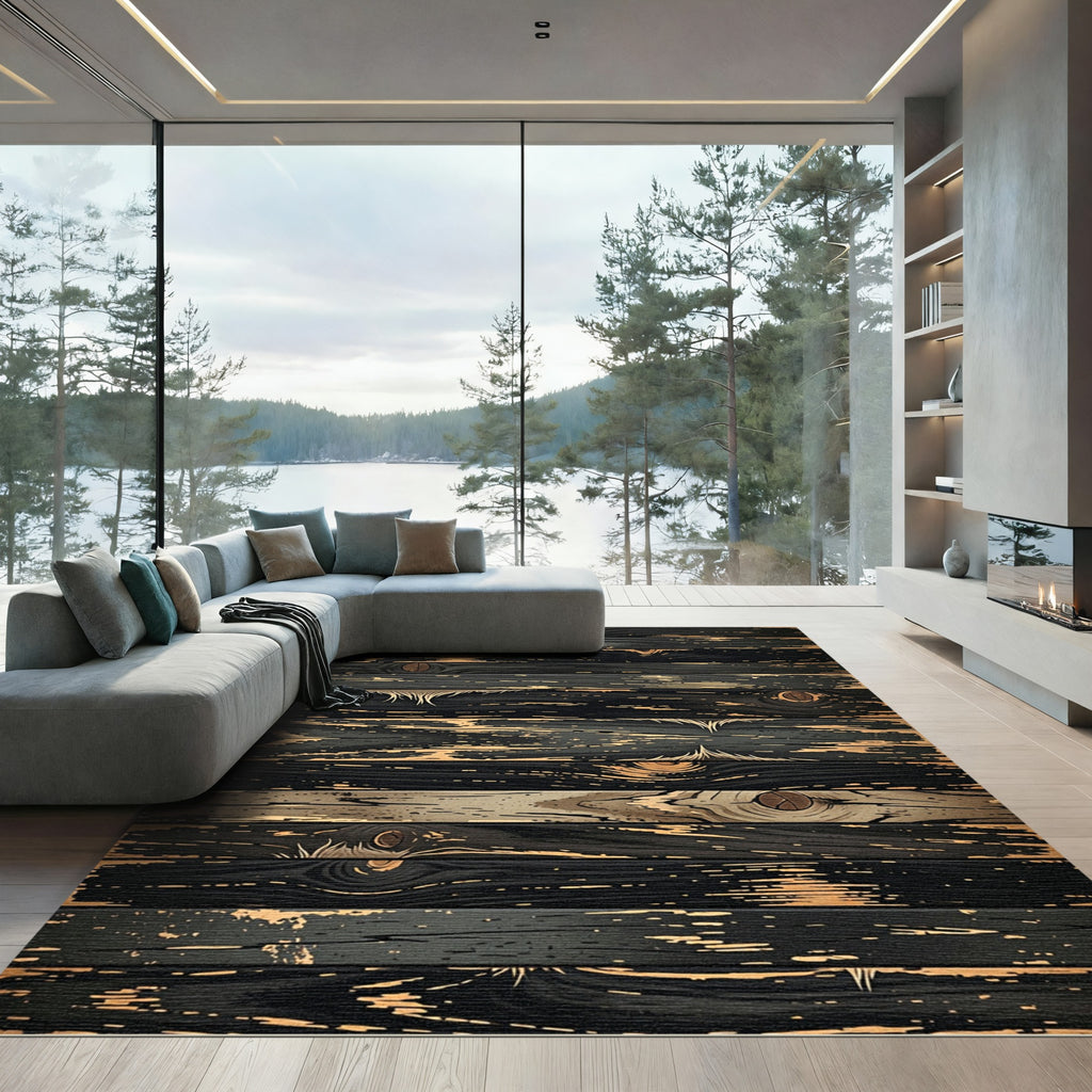 Dark Wood Grain Distressed Plank Rug