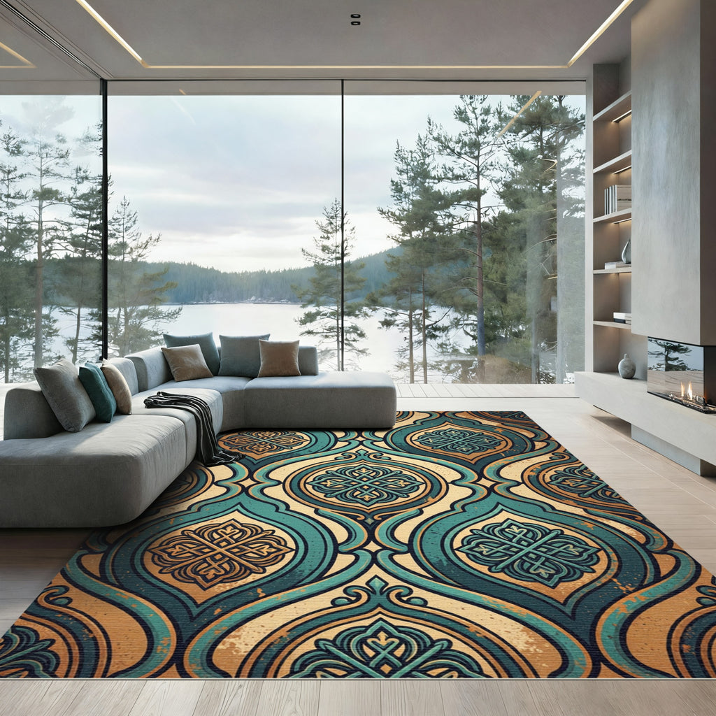 Ornate Teal Gold Arabesque Medallion Rug