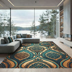 Ornate Teal Gold Arabesque Medallion Rug