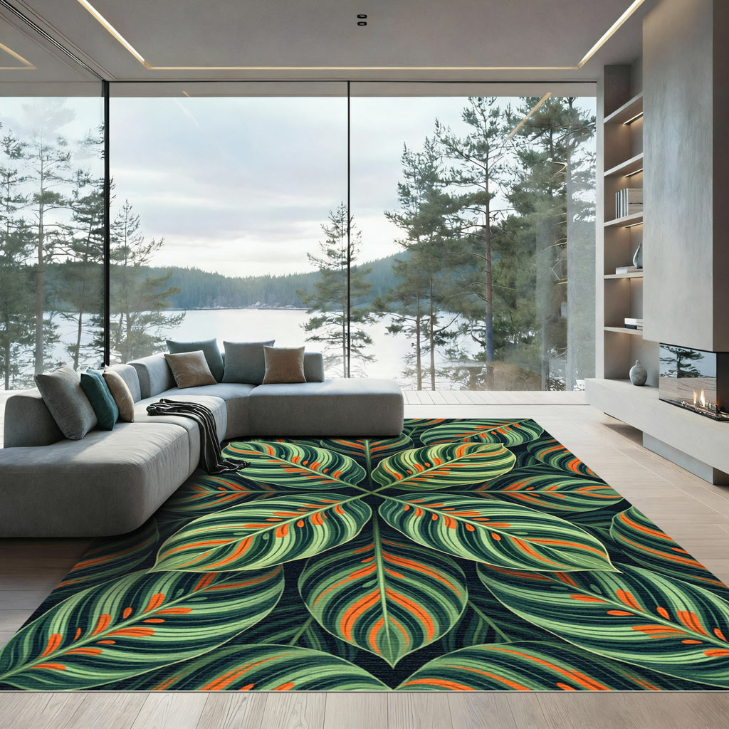 Lush Green Tropical Calathea Foliage Rug
