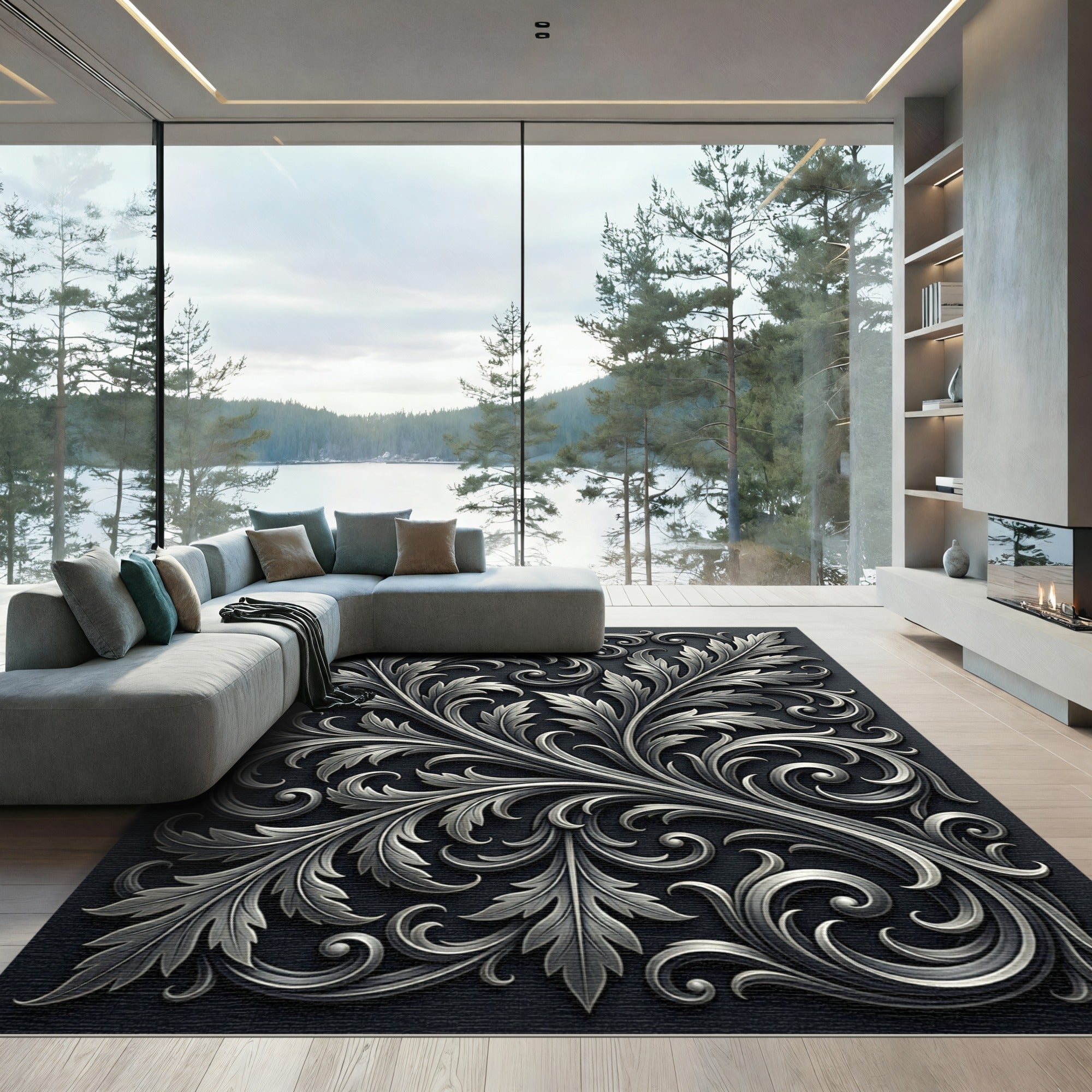 Ornate Silver Acanthus Leaf Scrollwork Rug