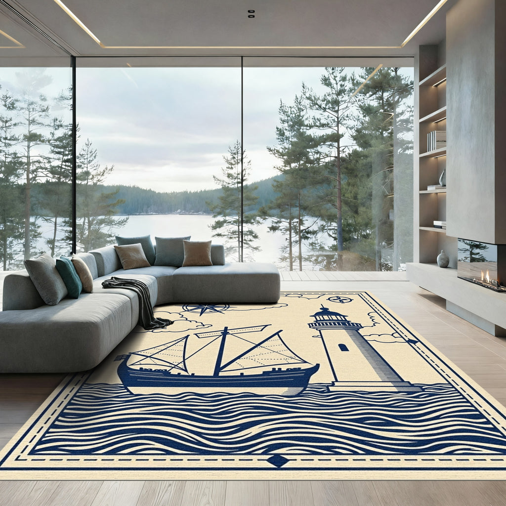 Nautical Ship Lighthouse Blue Wave Rug