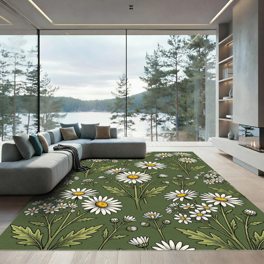 Vintage Olive Green Botanical Daisy Field Rug
