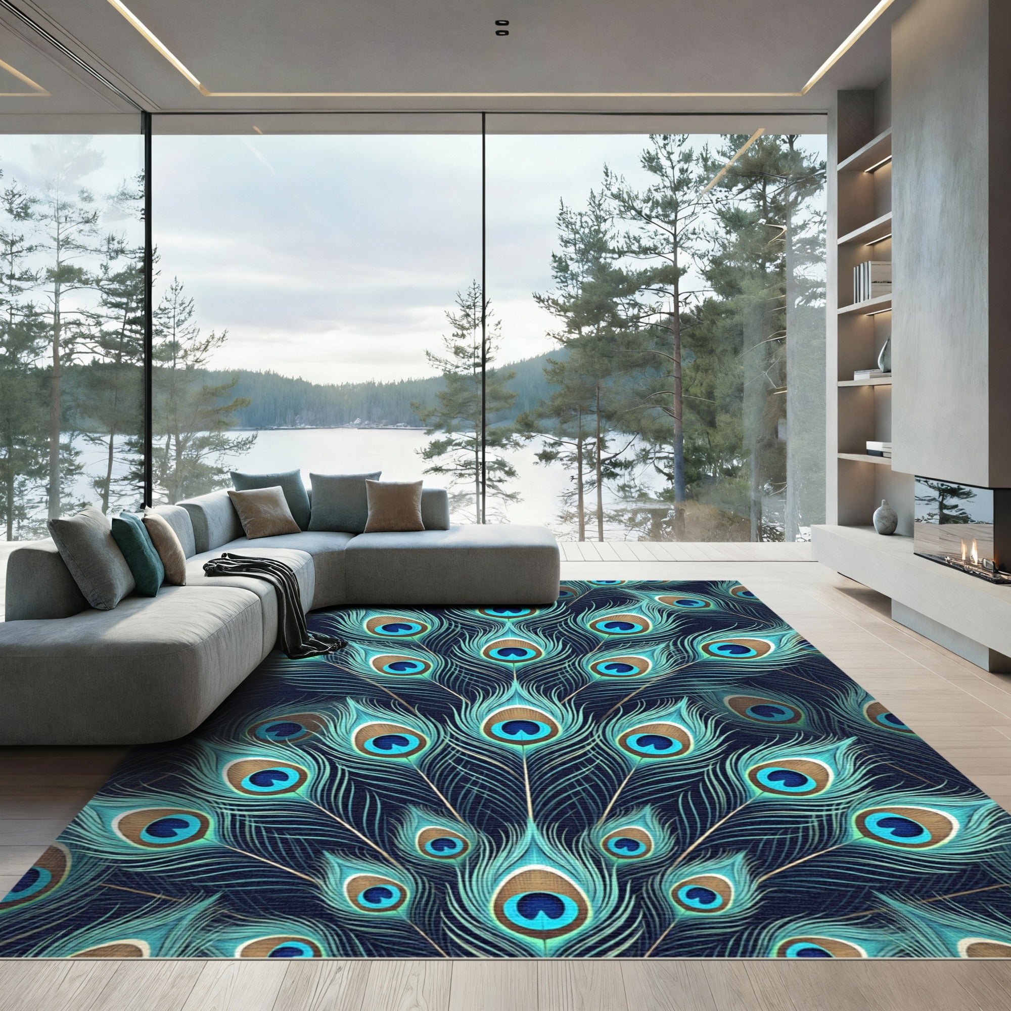 Emerald Peacock Feathers Art Deco Rug