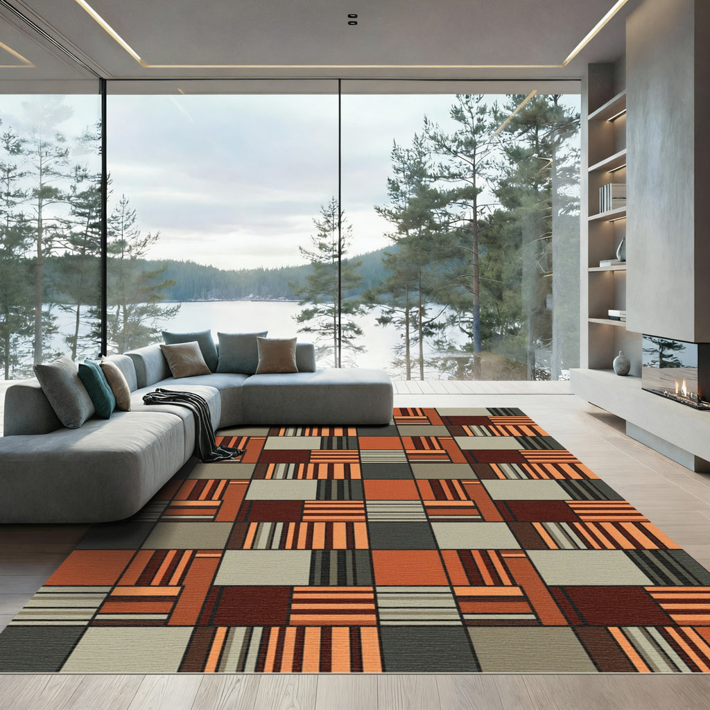 Midcentury Modern Geometric Burnt Orange Brick Grid Rug