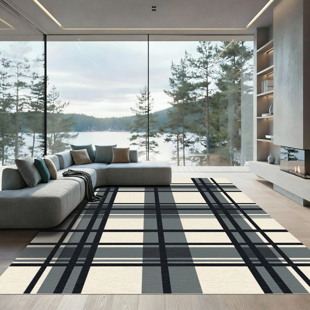 Classic Black Gray Plaid Weave Rug