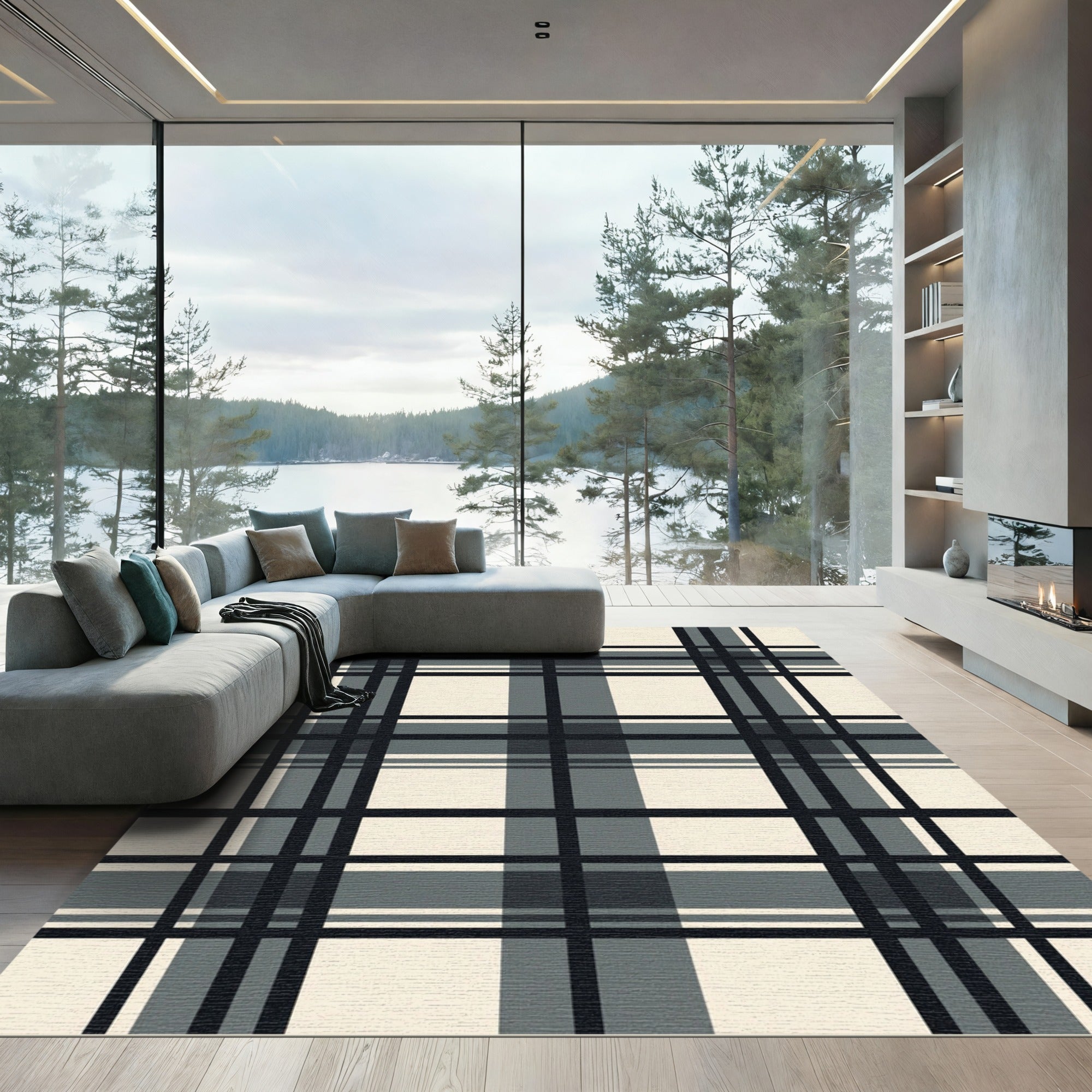 Classic Black Gray Plaid Weave Rug