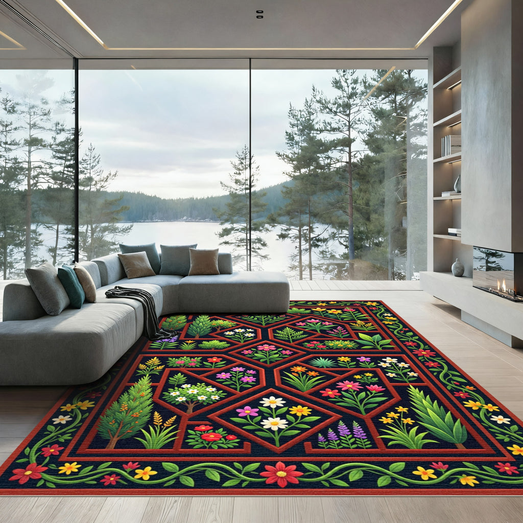 Vibrant Botanical Garden Trellis Art Rug