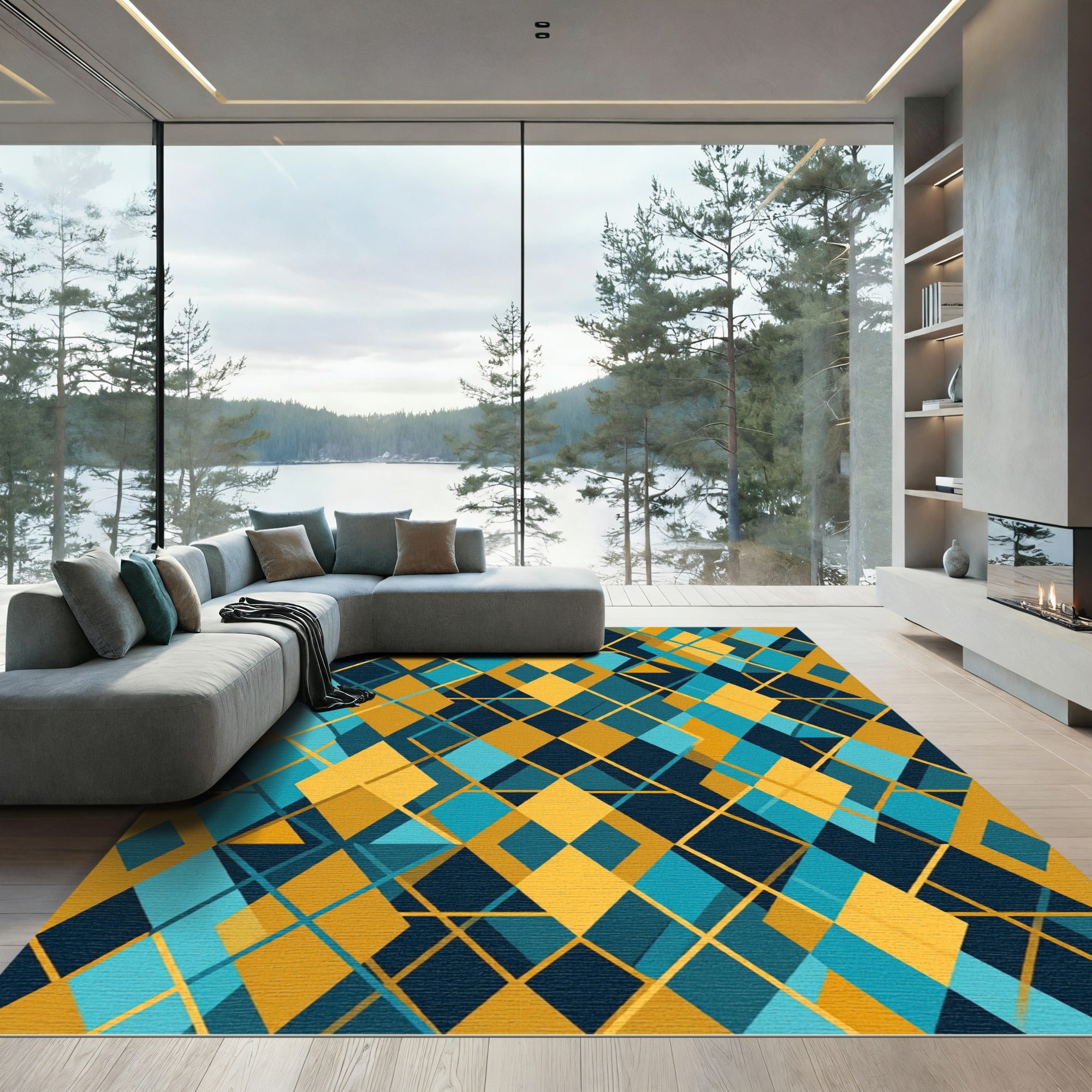 Deep Teal Gold Diamond Overlay Rug
