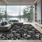 Monochrome Floral Garden Curled Vine Arrangement Rug