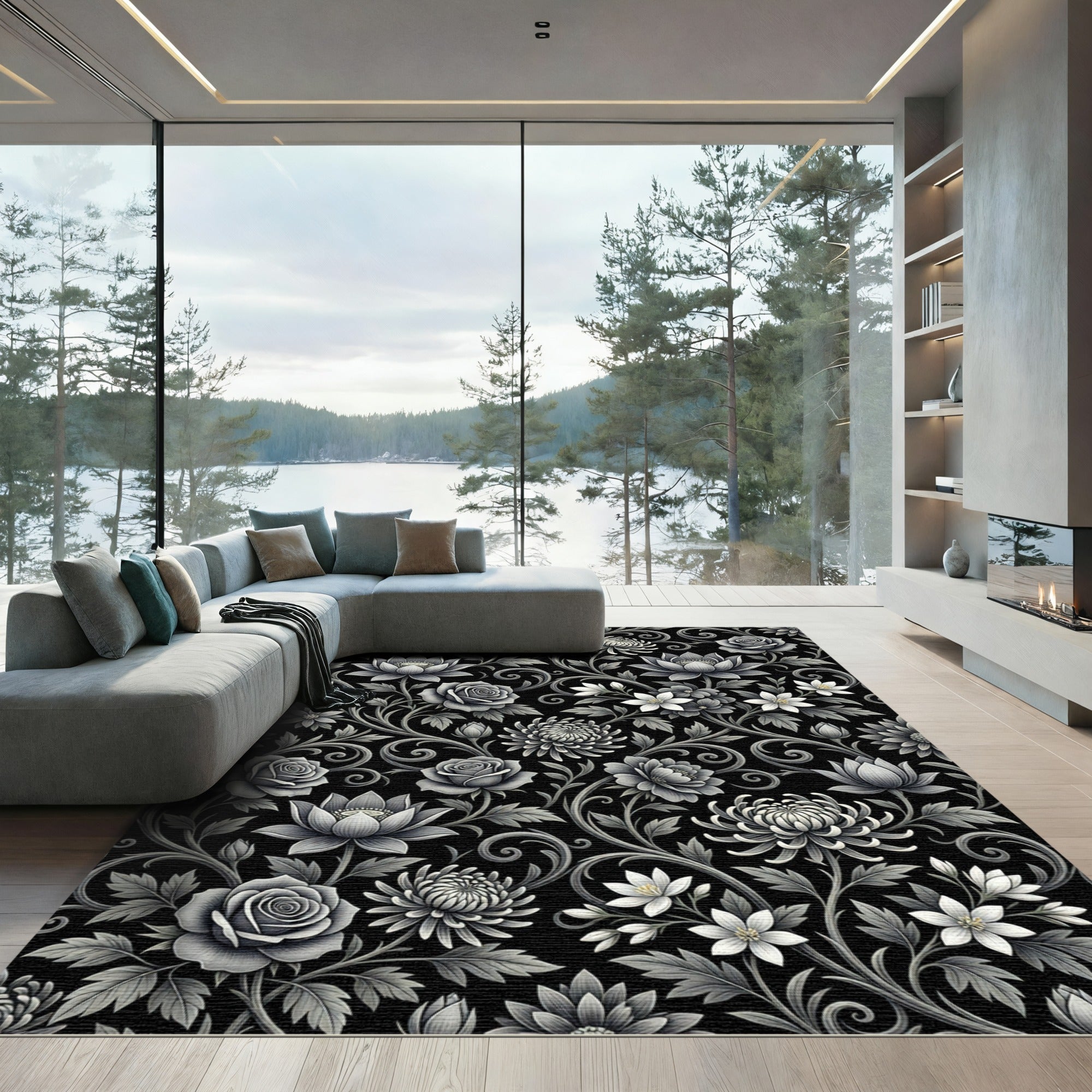 Monochrome Floral Garden Curled Vine Arrangement Rug
