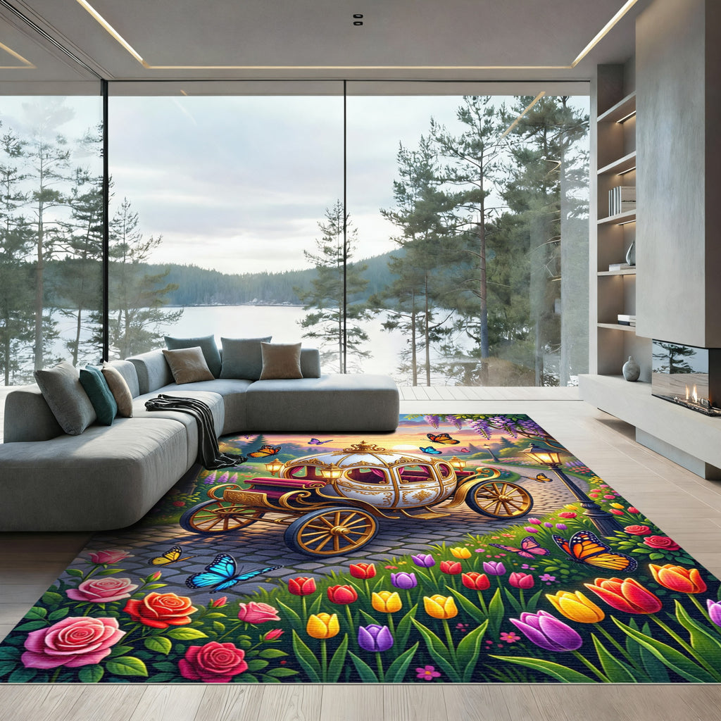 Whimsical Golden Carriage Butterfly Garden Rug