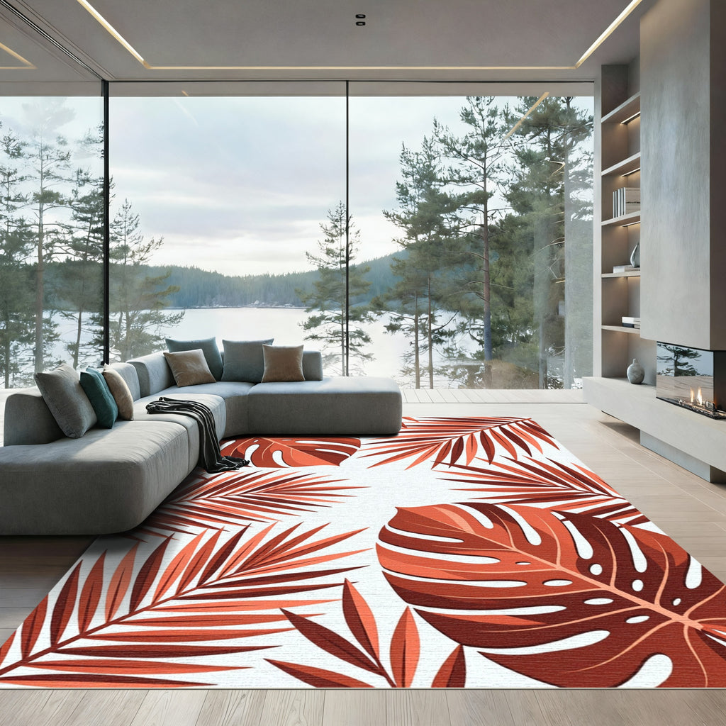 Coral Monstera Fern Lush Foliage Rug