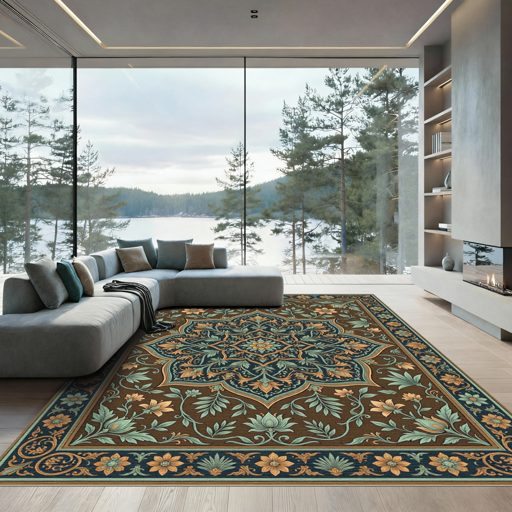 Intricate Sepia Teal Botanical Art Rug