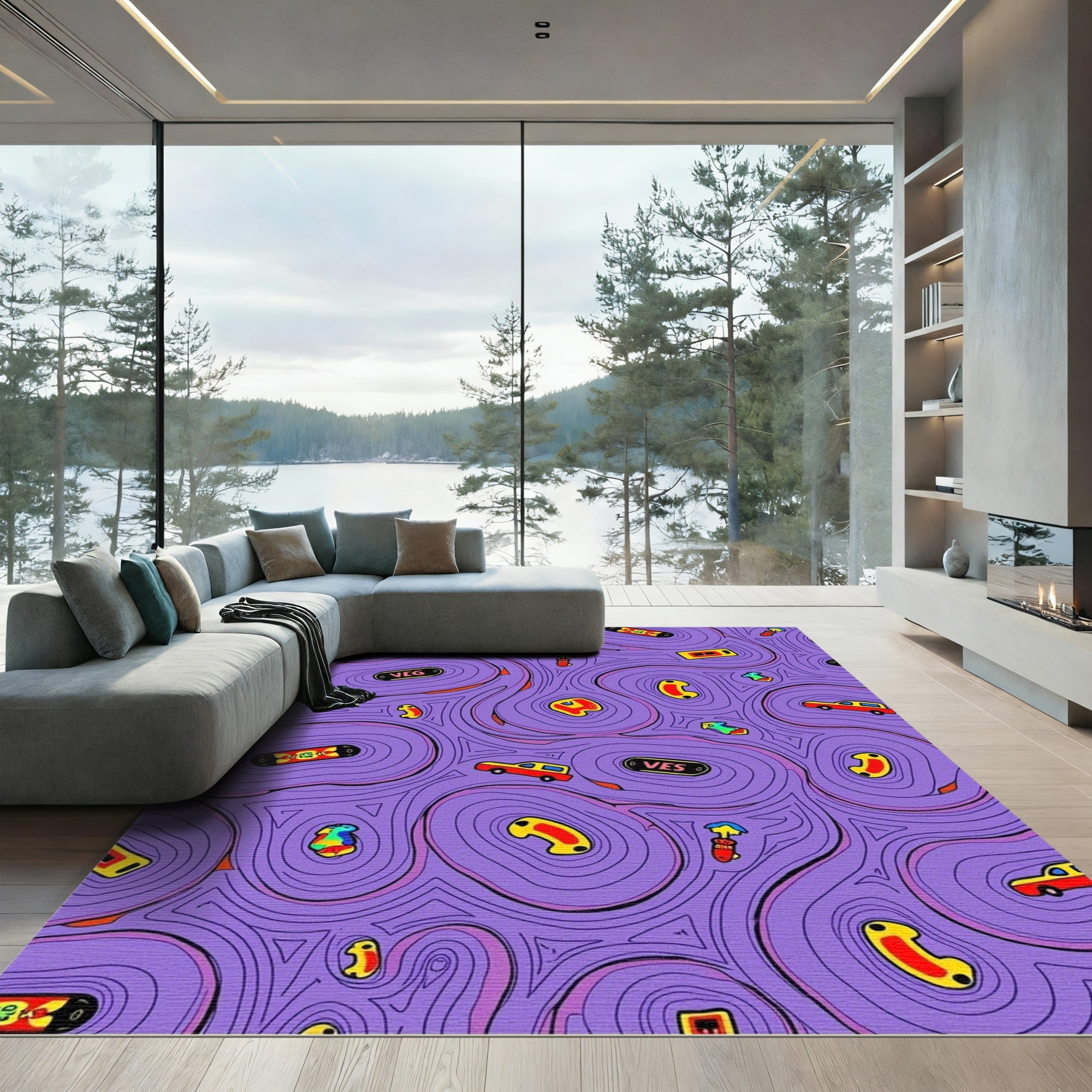 Purple Retro Cars and Skateboards Rug
