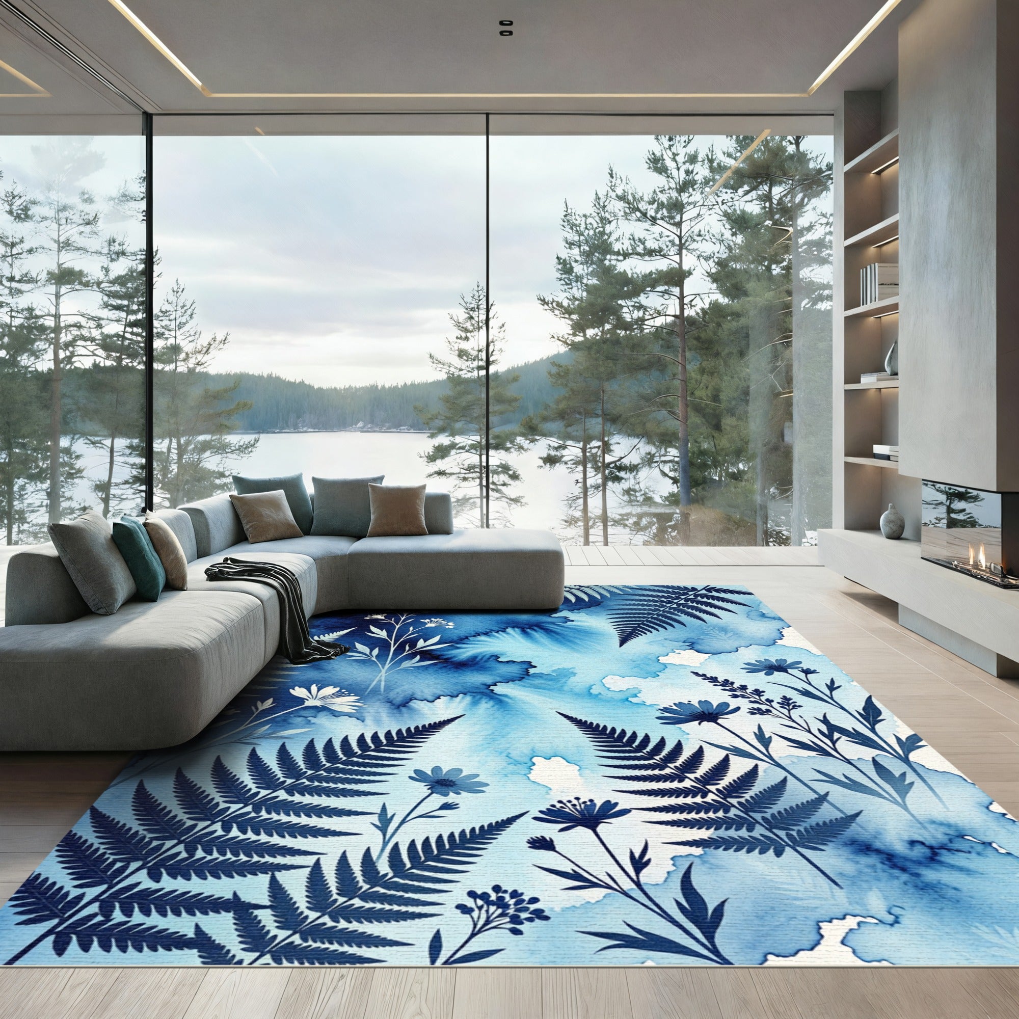 Indigo Fern Floral Watercolor Immersion Rug