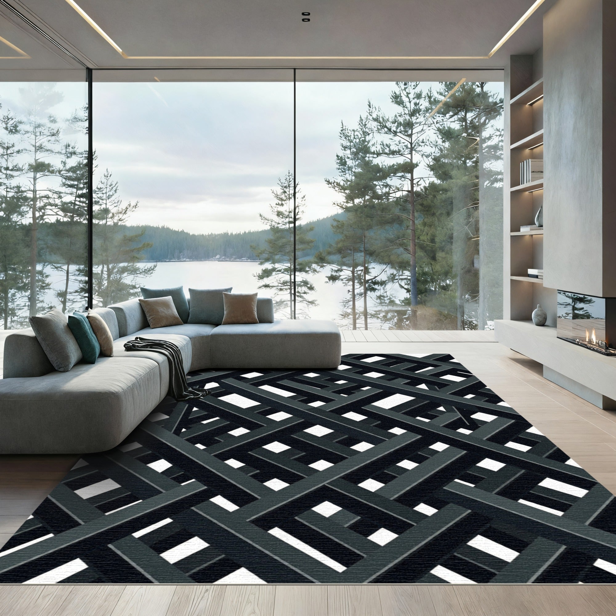 Monochromatic Charcoal Geometric Lattice Intersecting Lines Rug
