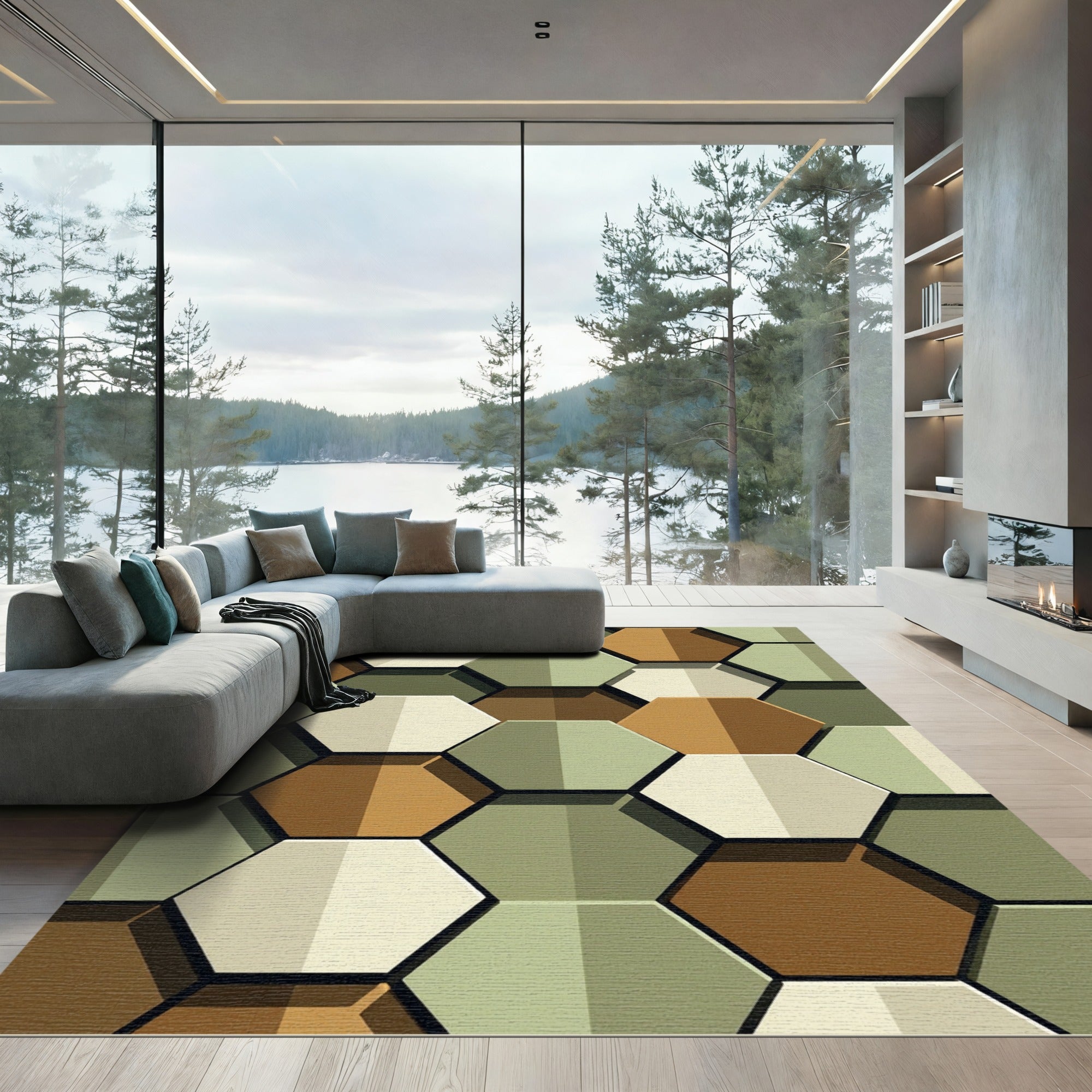Modern Earthy Geometric Hexagon Rug