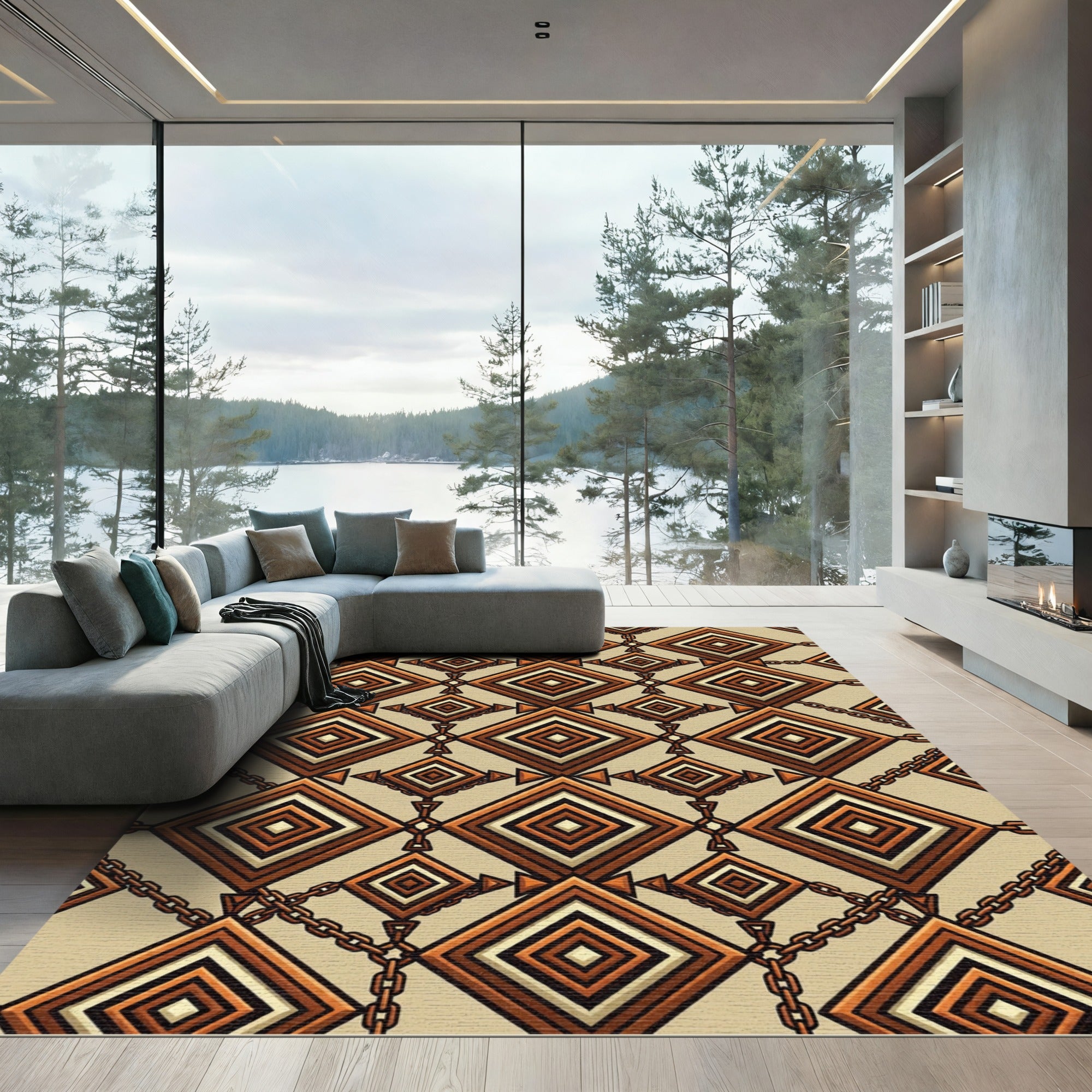 Geometric Bronze Diamond Chain Link Rug