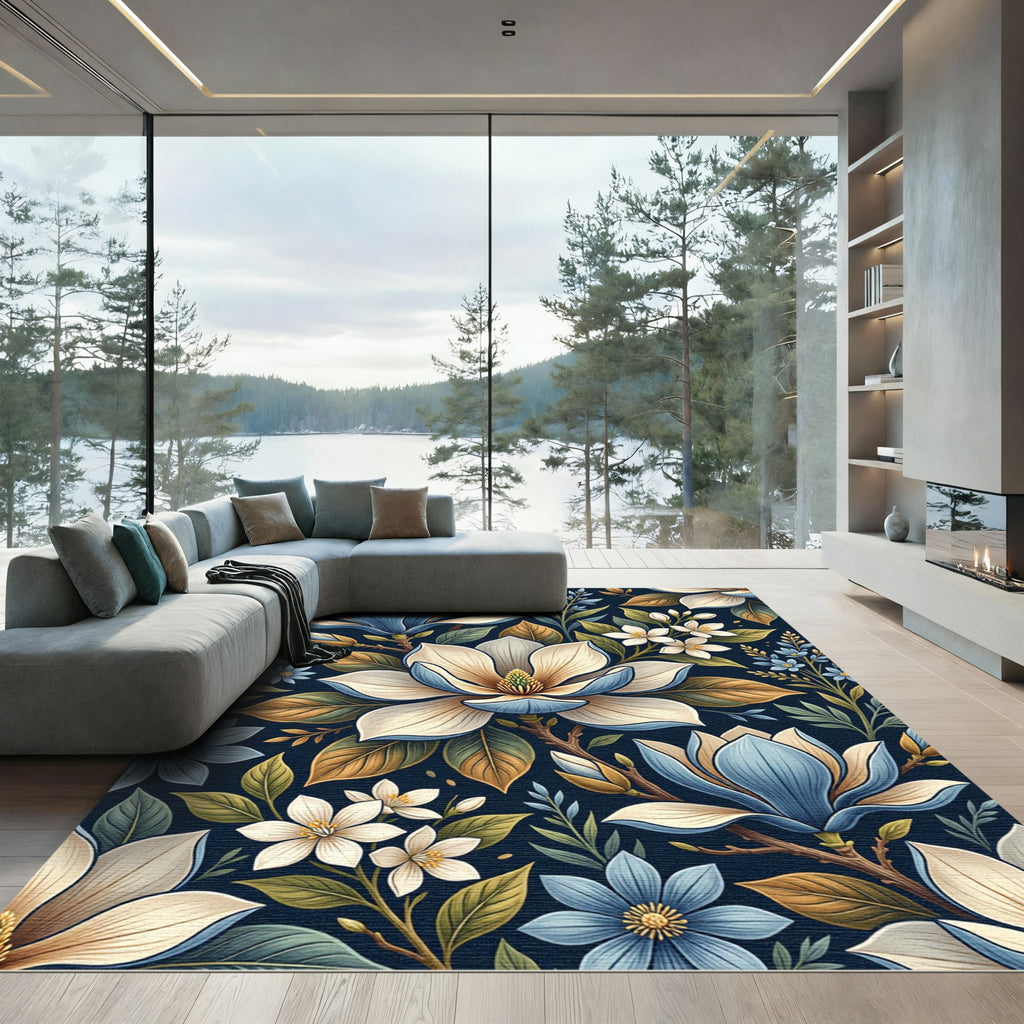 Exotic Blue White Magnolia Botanical Garden Rug