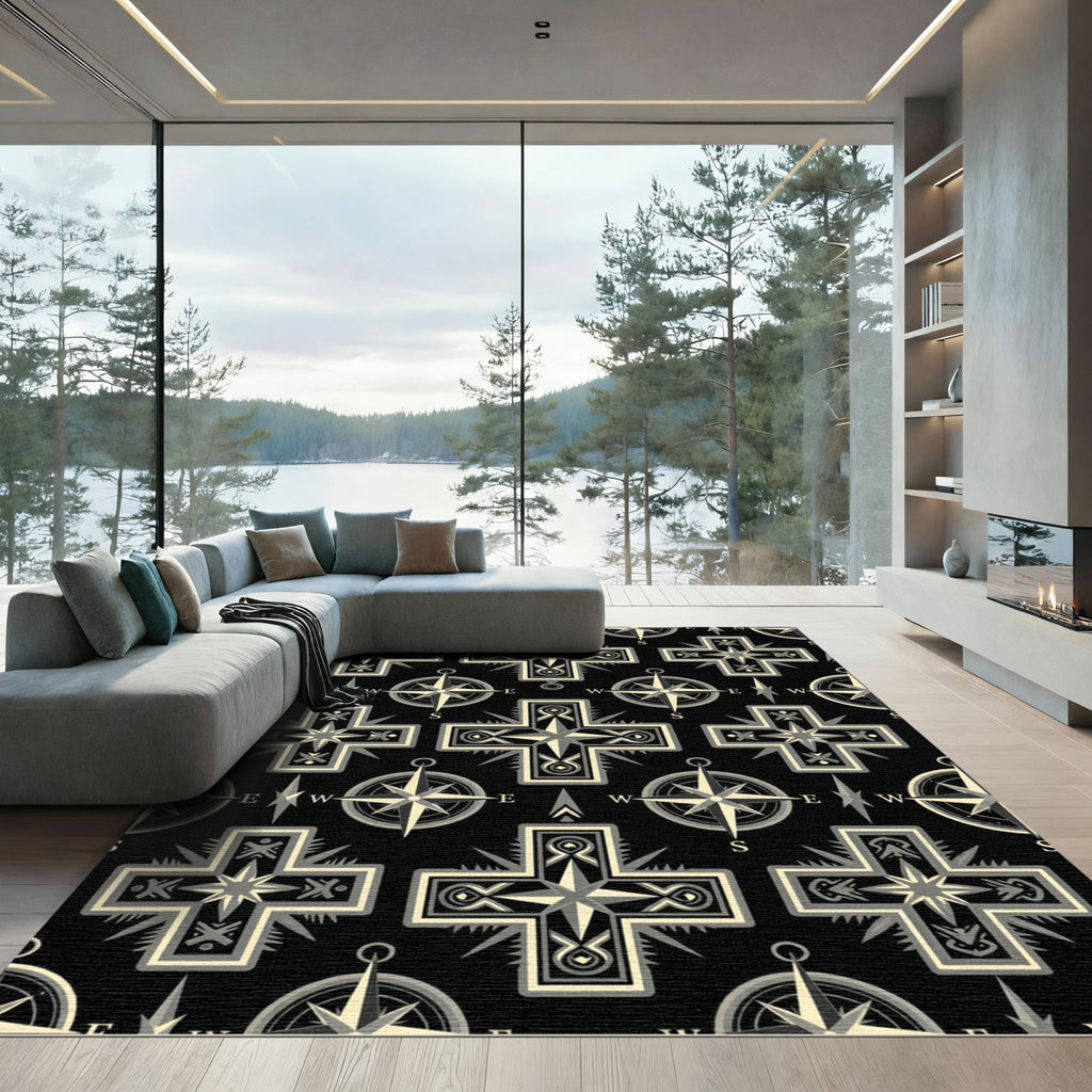 Dark Gray Compass Cross Mosaic Rug