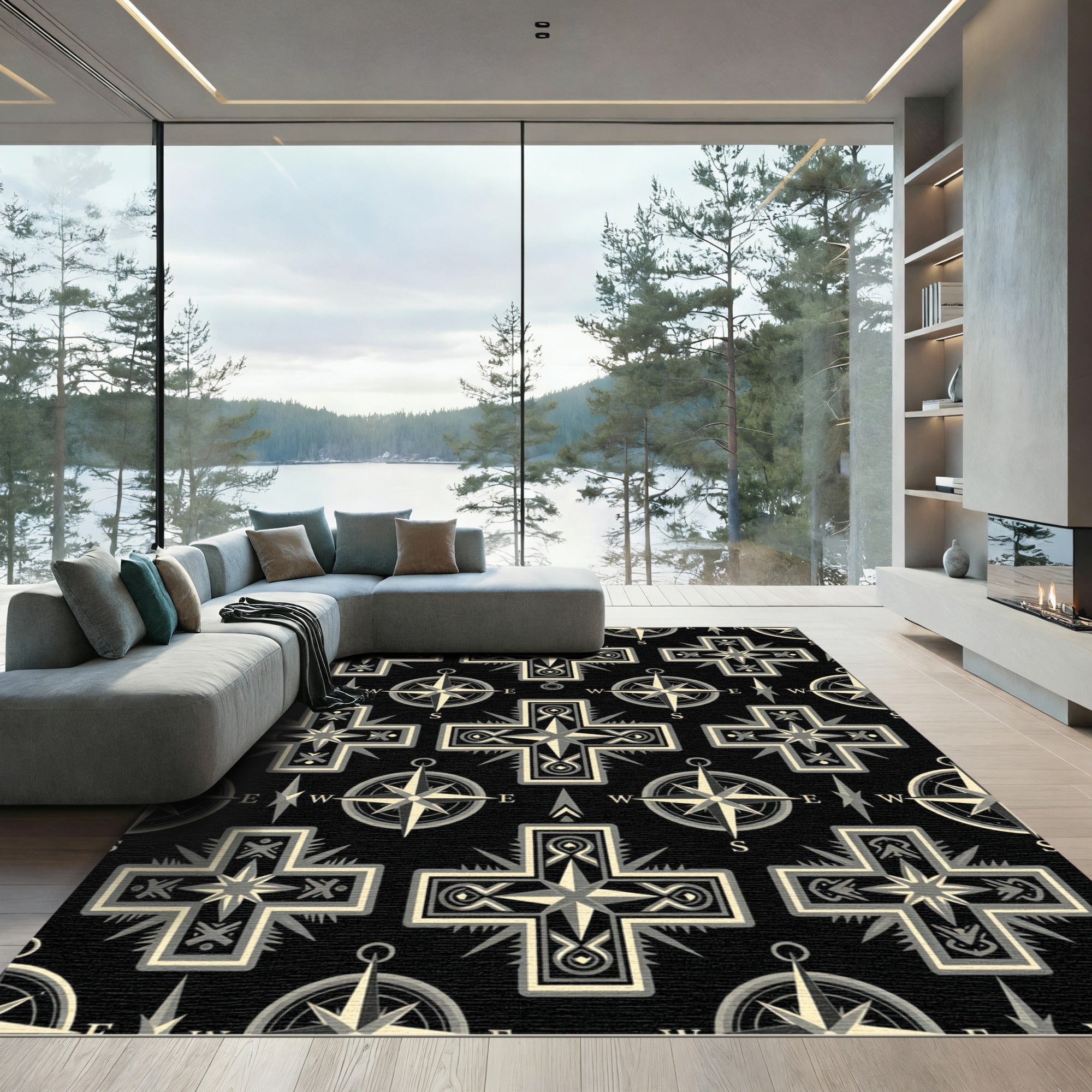 Dark Gray Compass Cross Mosaic Rug