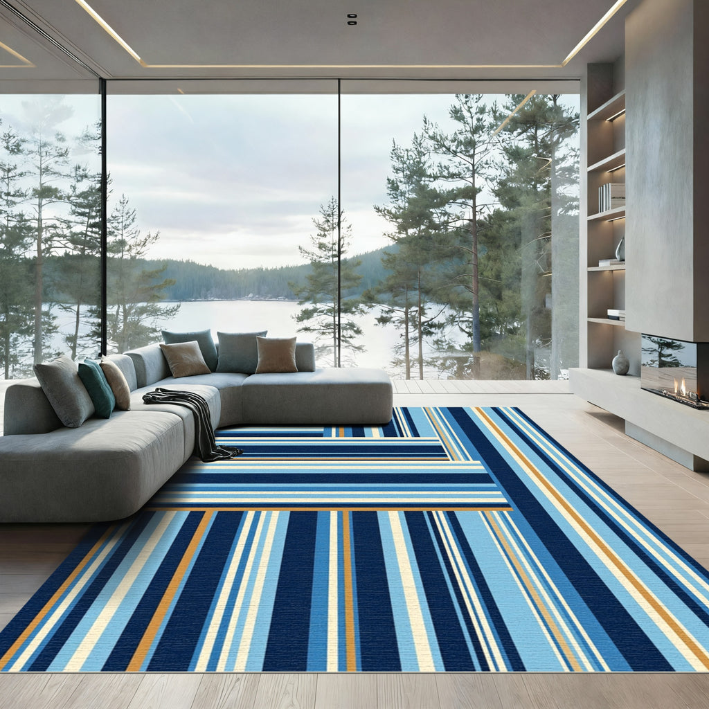 Navy Gold Blue Stripe Geometric Composition Rug
