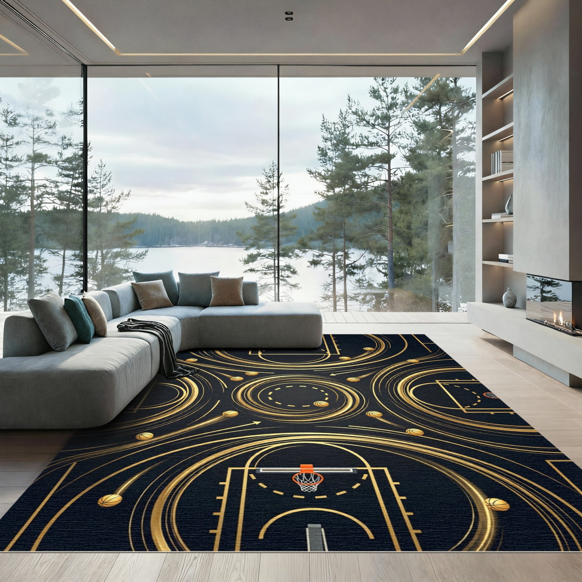 Golden Basketball Swirl Athletic Court Rug
