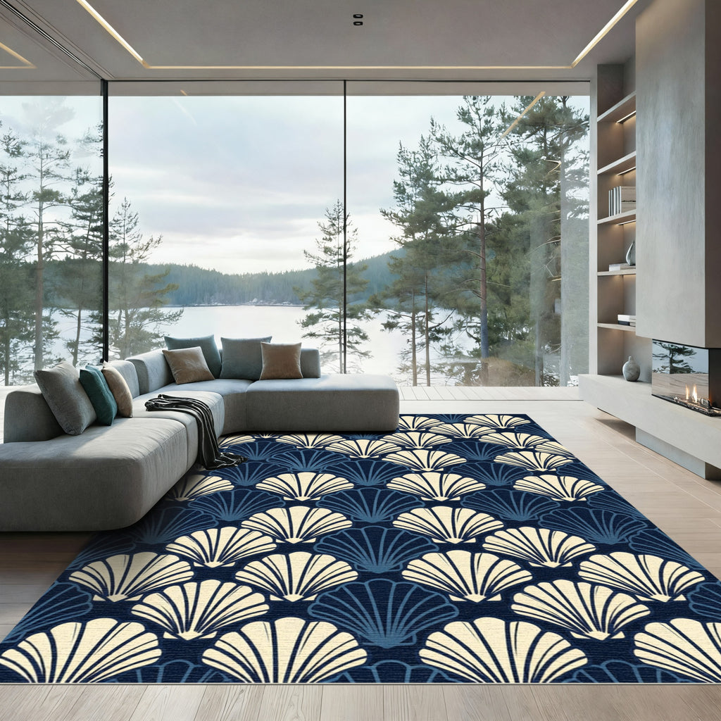 Art Deco Navy Cream Scalloped Shell Rug
