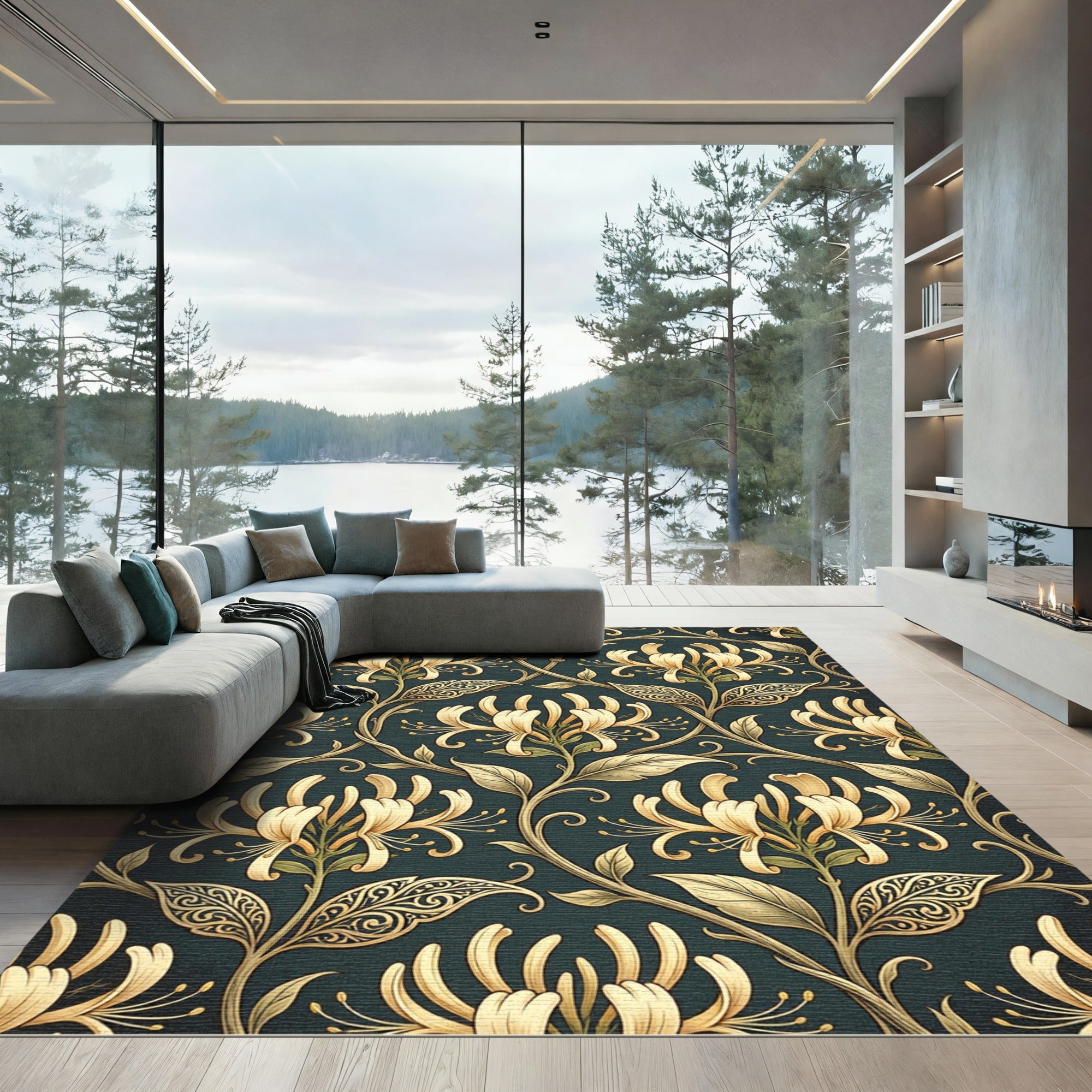 Golden Honeysuckle Floral Dark Teal Botanical Rug