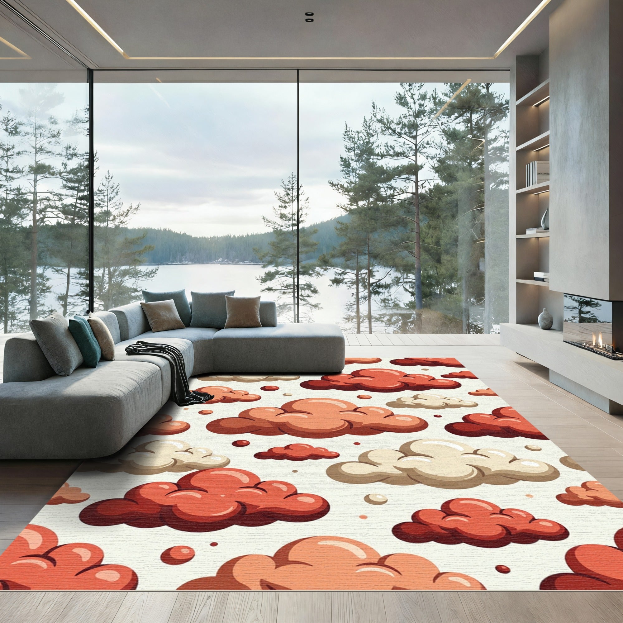 Whimsical Terracotta Cloudscape Sky Rug