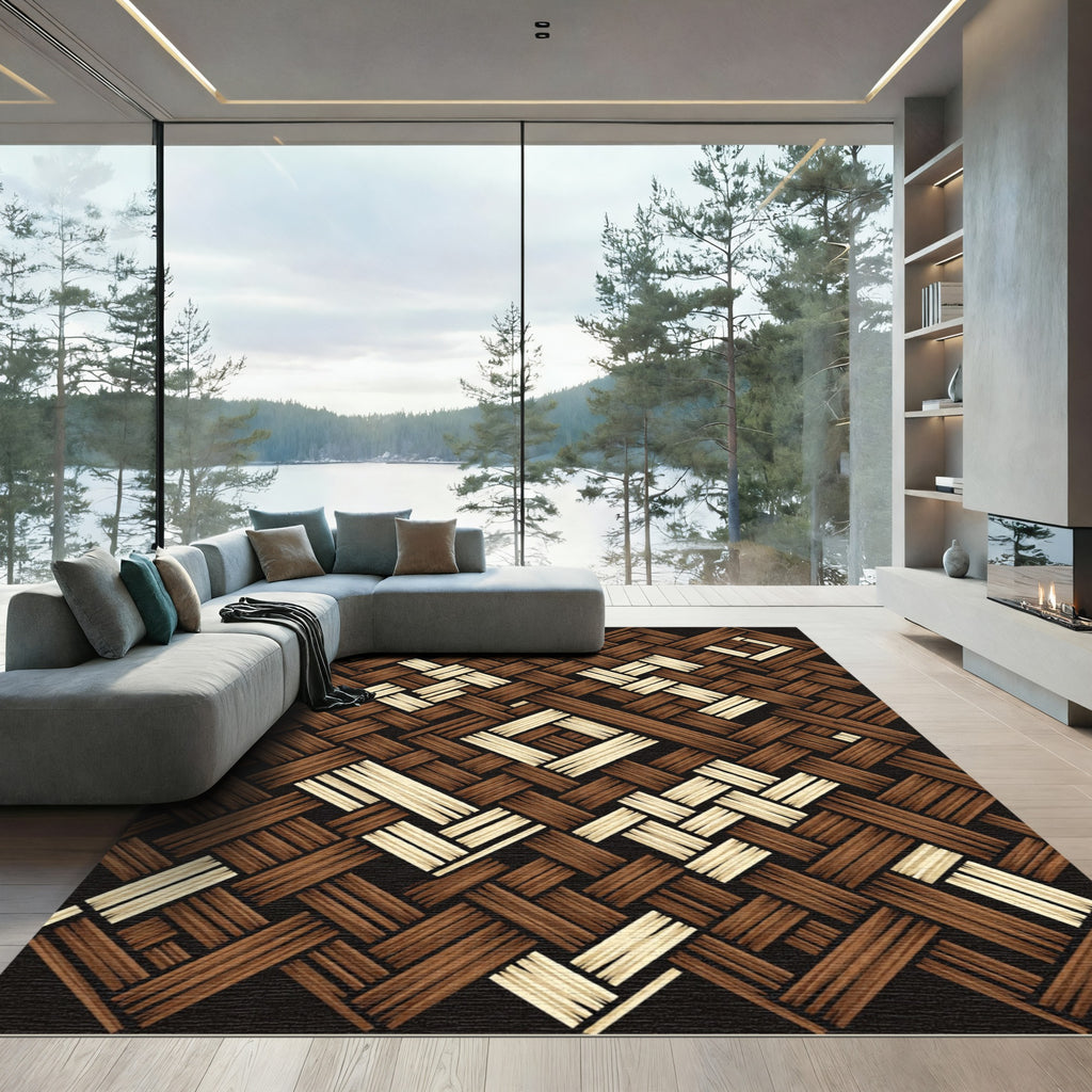 Brown Beige Woven Stripe Medallion Rug
