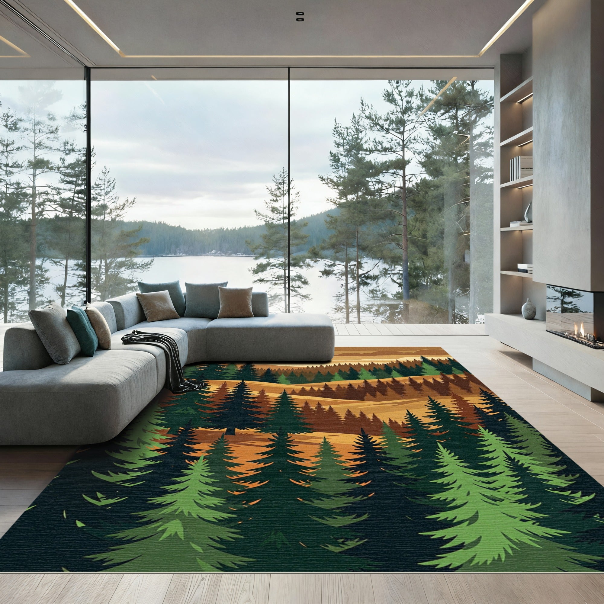 Layered Forest Pine Landscape Art Rug