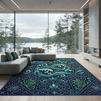 Ornate Teal Wave Ocean Swirl Rug